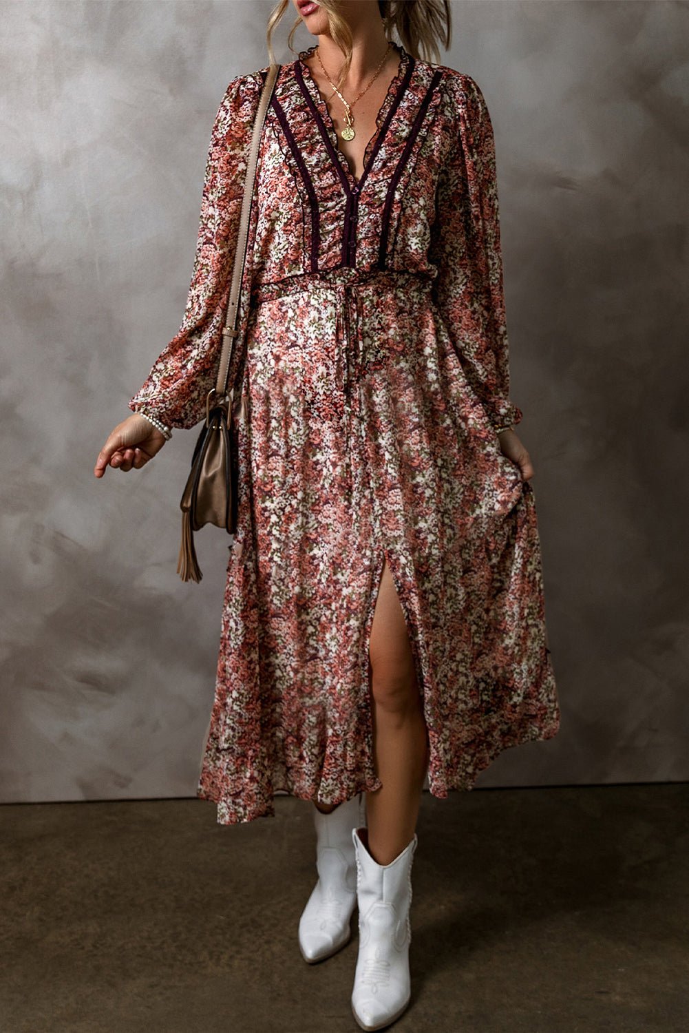 Crowned Energy CO. Brown / S / 100%Polyester Dear-Lover Dropshipping Dresses/Floral Dresses Brown Floral Print Split Front Tiered Frilled V Neck Midi Dress