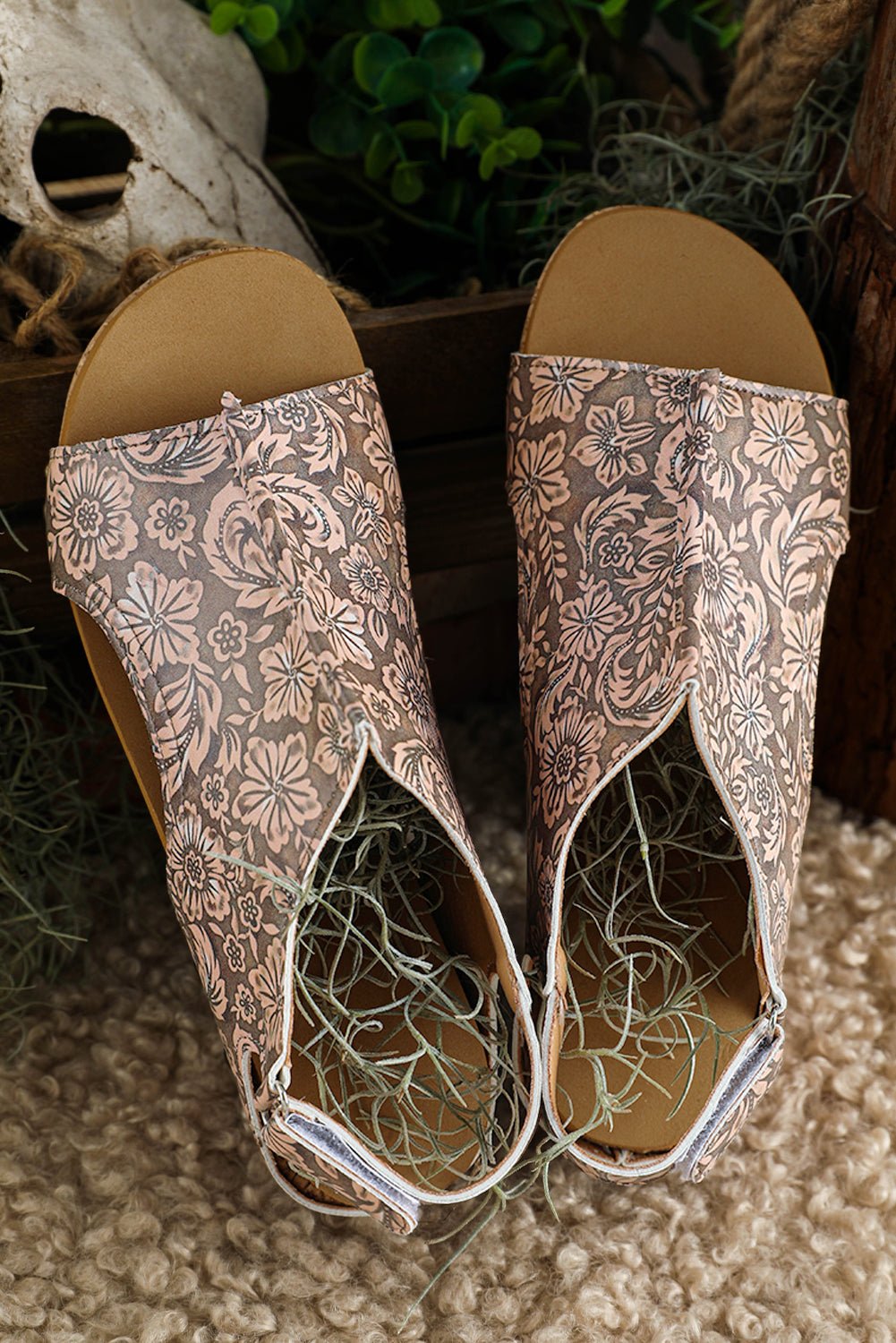 Brown Vintage Floral Leather Rivet Hollowed Platform Sandals - Crowned Energy CO.