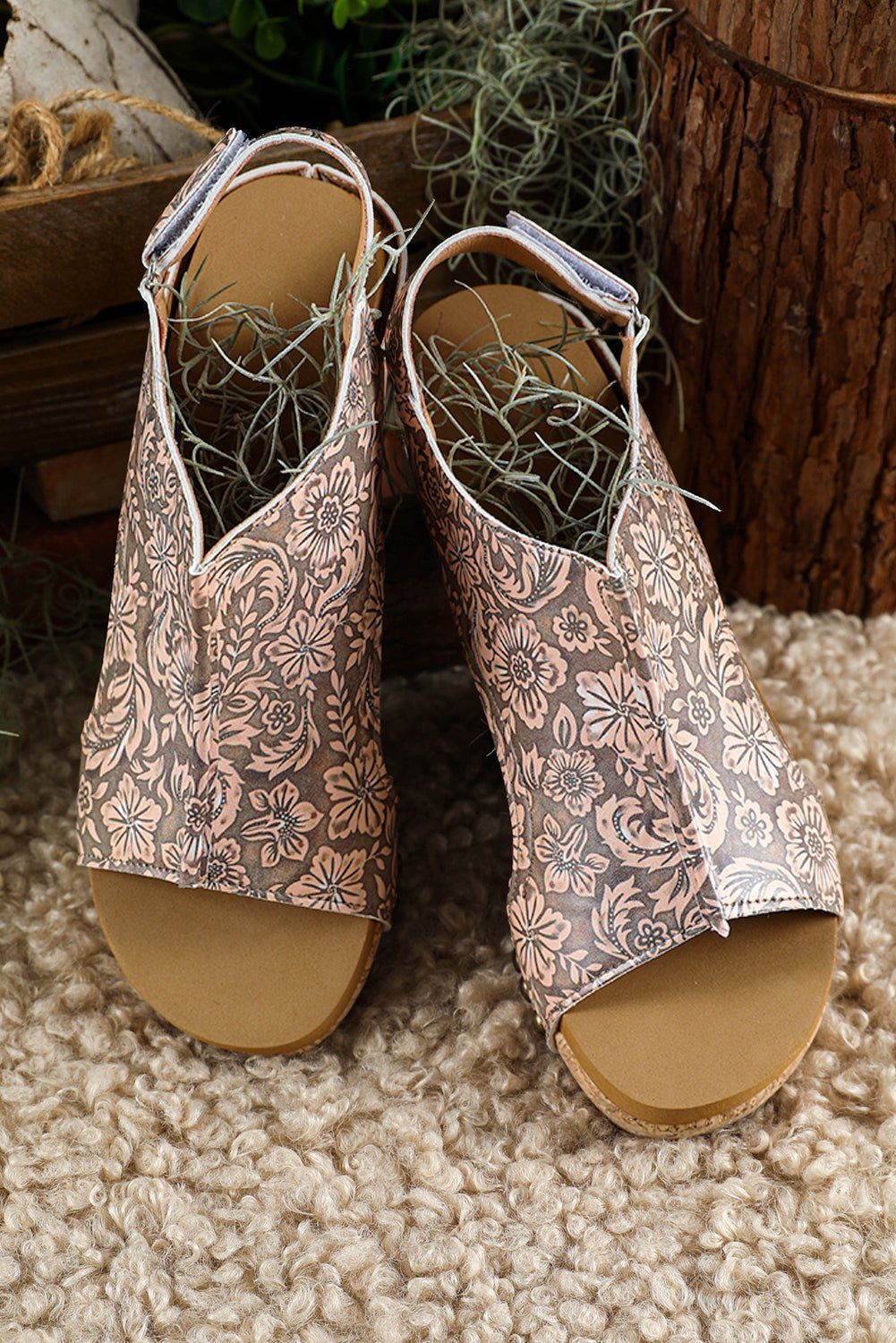 Brown Vintage Floral Leather Rivet Hollowed Platform Sandals - Crowned Energy CO.