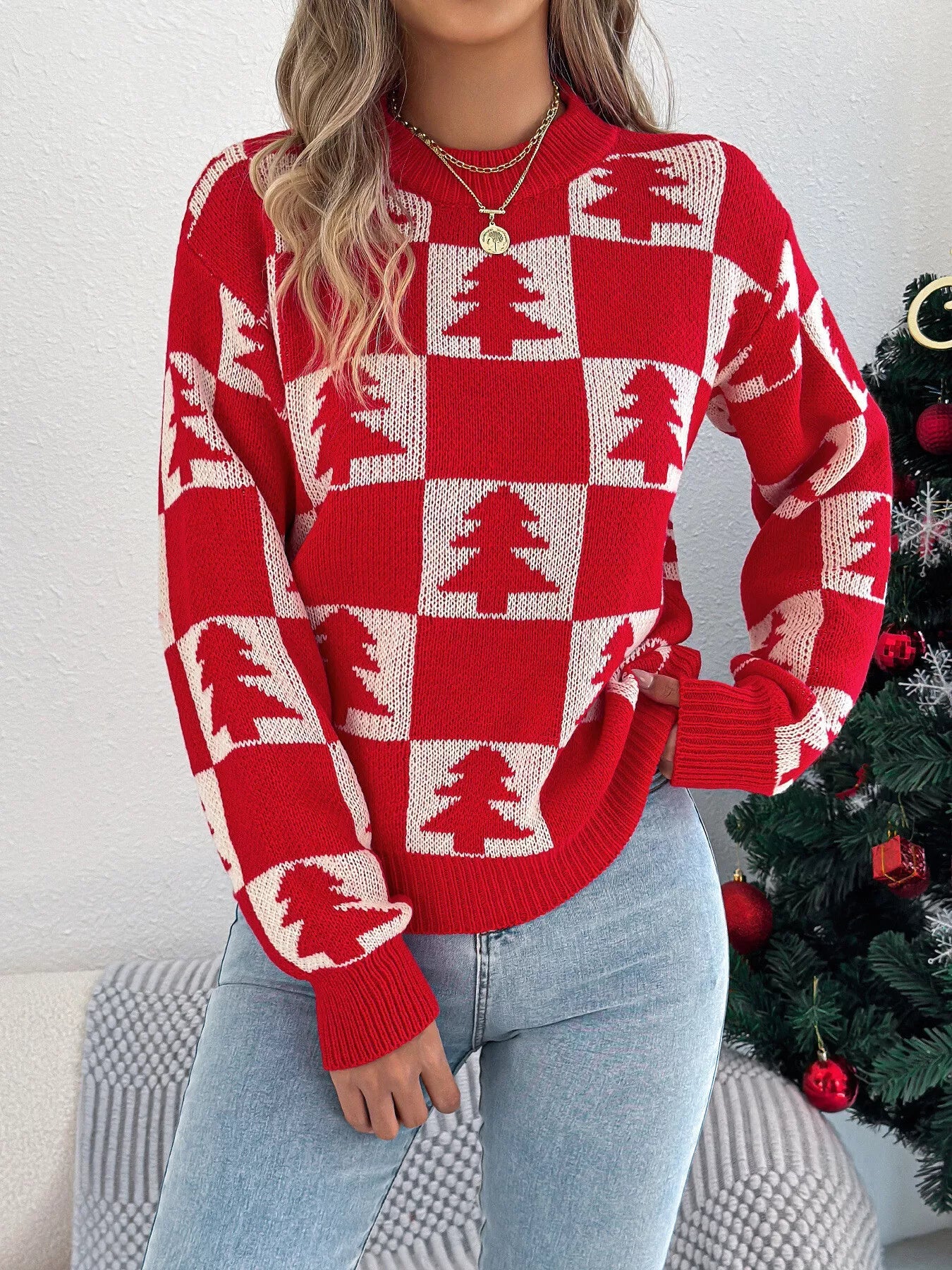 Crowned Energy CO. Red / S Trendsi Sweaters & Cardigans/Cardigans Christmas Tree Checkerboard Pattern Sweater