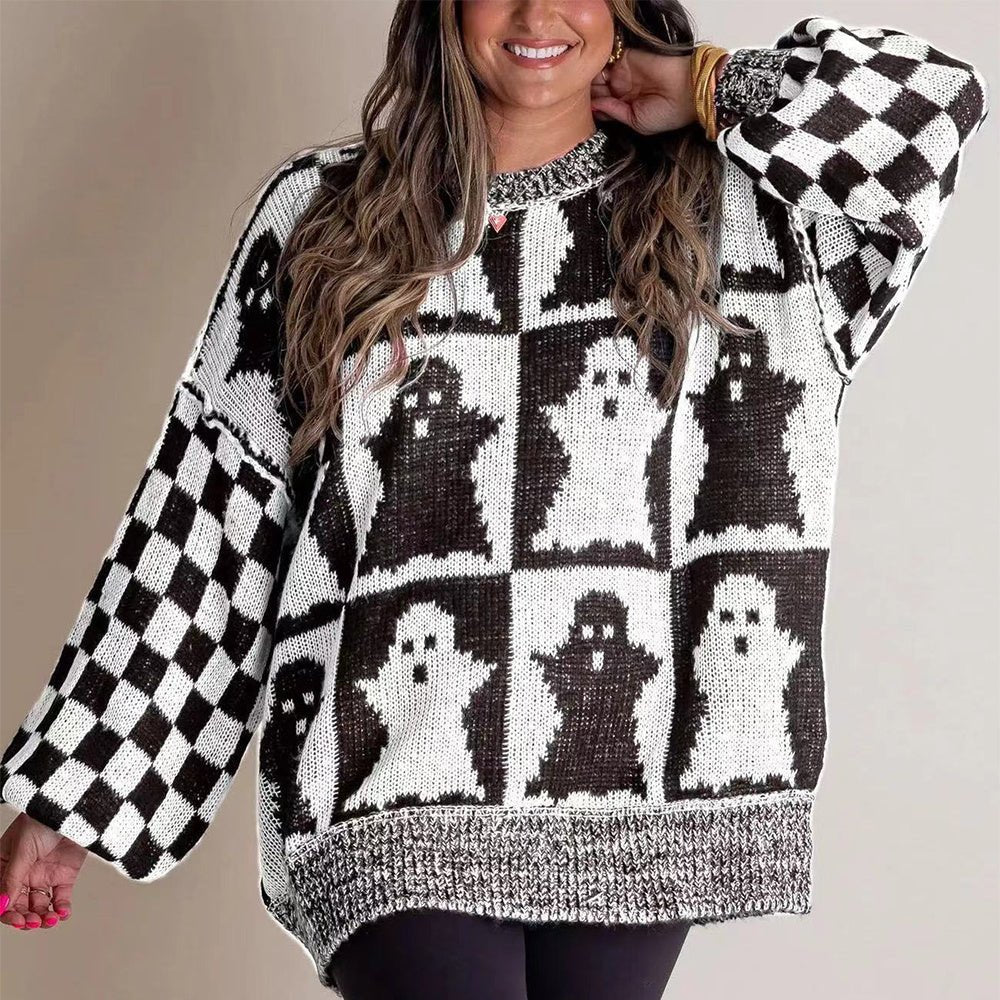 Crowned Energy CO. White / 2XL Goddess Vibes Sweaters & Cardigans/Cardigans Halloween Cartoon Ghost And Checkerboard Print Pullover Sweater Autumn