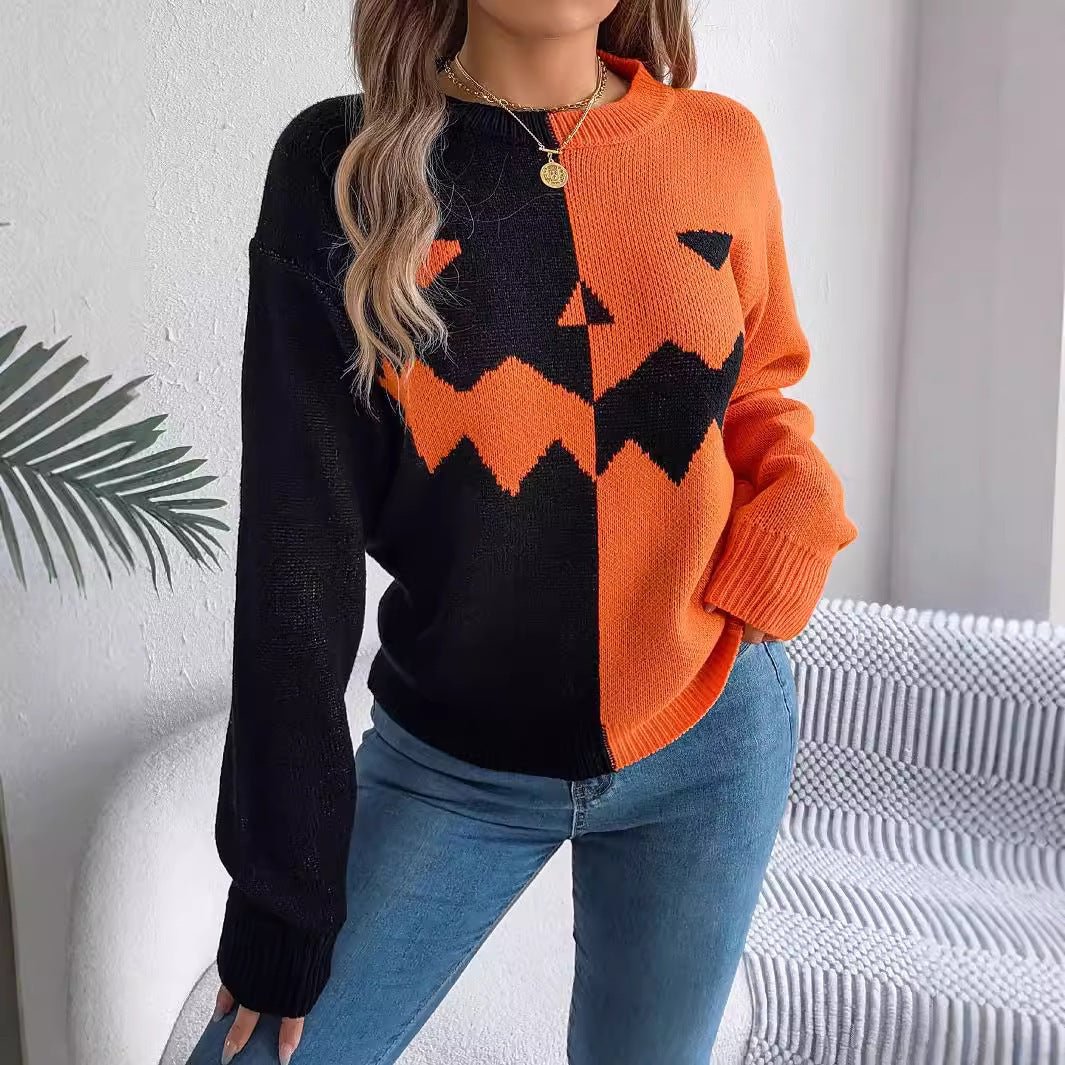 Crowned Energy CO. Orange / L Goddess Vibes Sweaters & Cardigans/Cardigans Halloween Contrast-color Pullover Sweater Fashion Long Sleeve Knitted