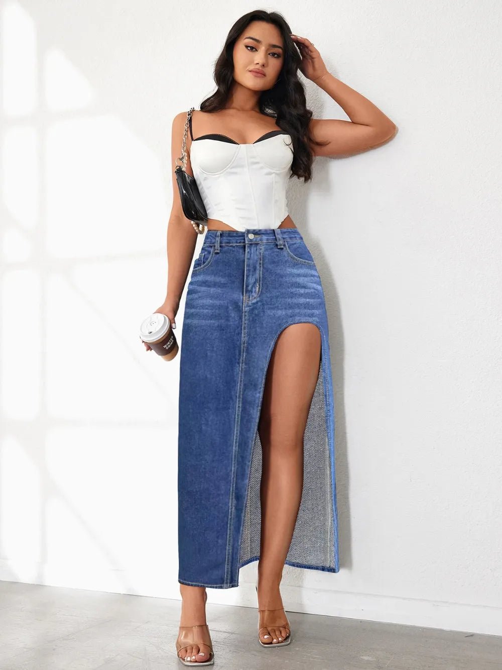 High Rise Slit Denim Skirt - Crowned Energy CO.