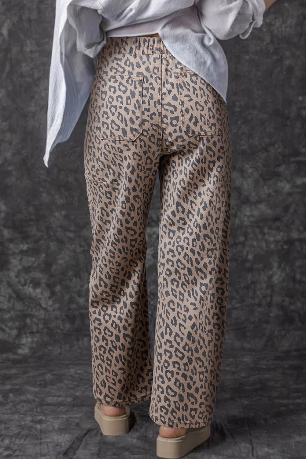 Crowned Energy CO. Khaki / 6 / 65%Cotton+33%Polyester+2%Elastane Dear-Lover Dropshipping Bottoms/Jeans Khaki Leopard Printed Drawstring Waist Pocketed Wide Leg Jeans