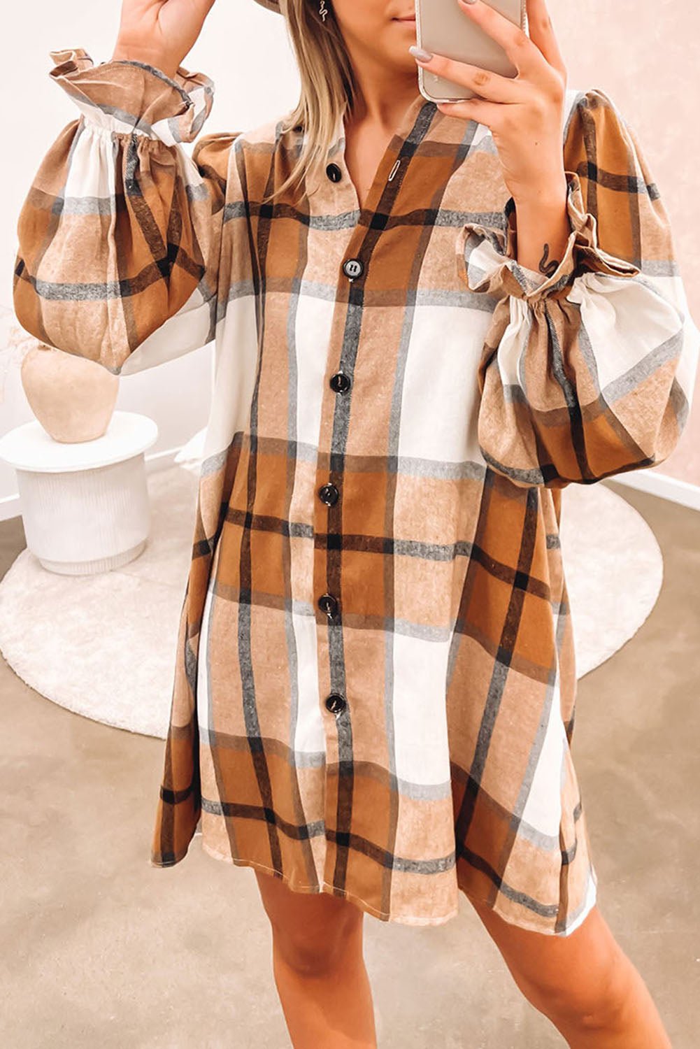 Crowned Energy CO. Khaki / S / 65%Polyester+35%Cotton Dear-Lover Dropshipping Dresses/Mini Dresses Khaki Plaid Pattern Collared Neck Ruffled Sleeve Shirt Dress