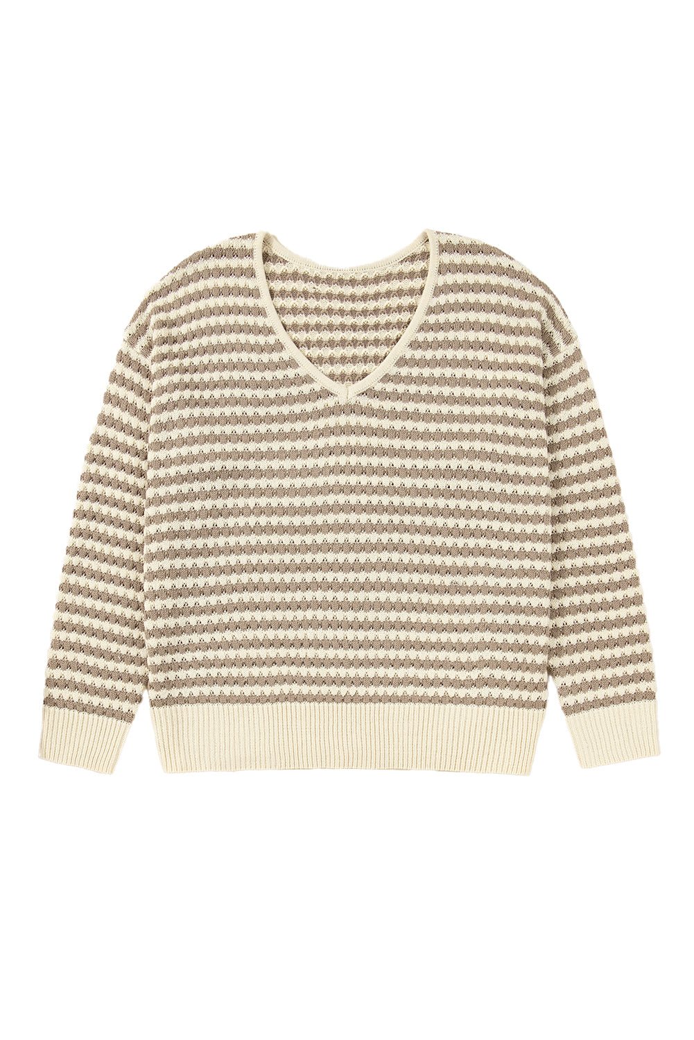 Khaki Stripe Plus Size V Neck Drop Shoulder Sweater - Crowned Energy CO.