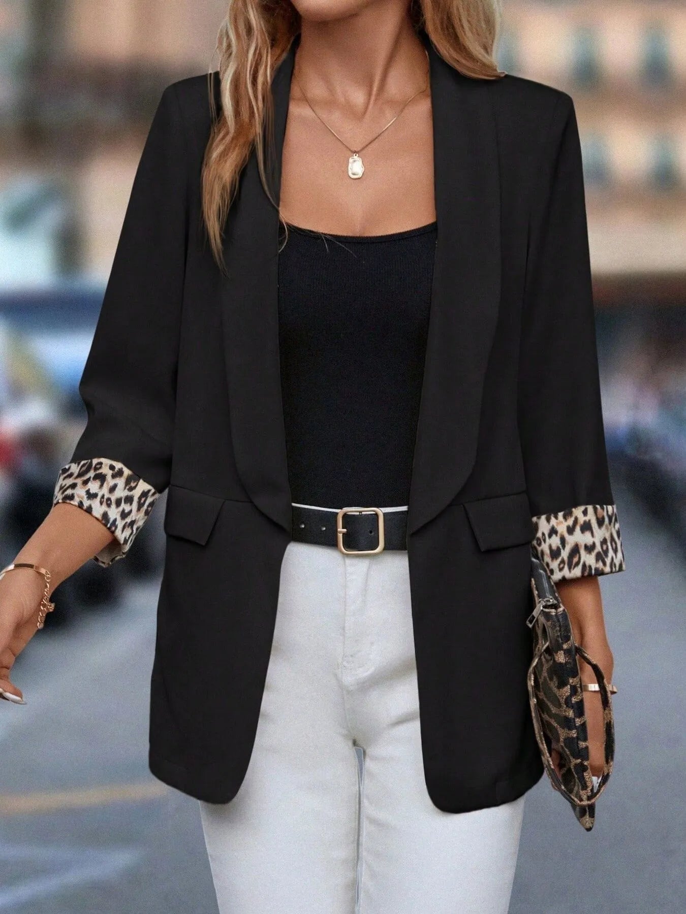 Crowned Energy CO. Black / S Trendsi Jackets Leopard Lapel Collar Open Front Blazer