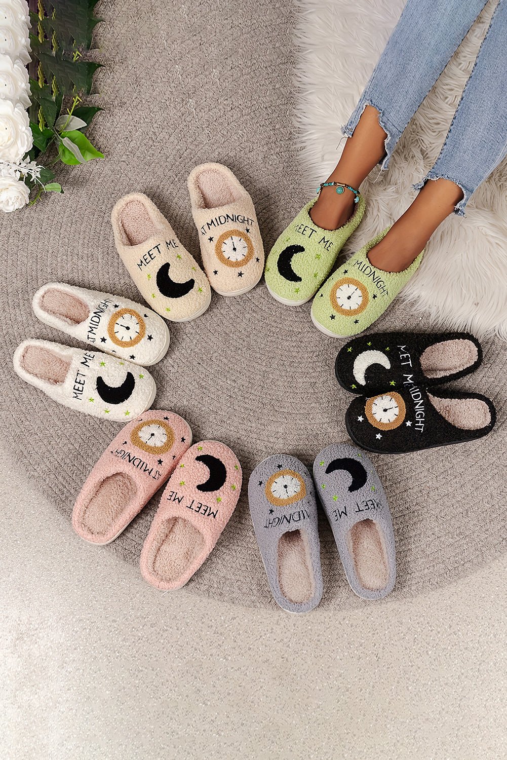 Crowned Energy CO. Light Pink / 37 / 100%Polyester+100%TPR Dear-Lover Dropshipping Shoes & Bags/Slippers Light Pink Moon & Clock Pattern Fuzzy Home Slippers