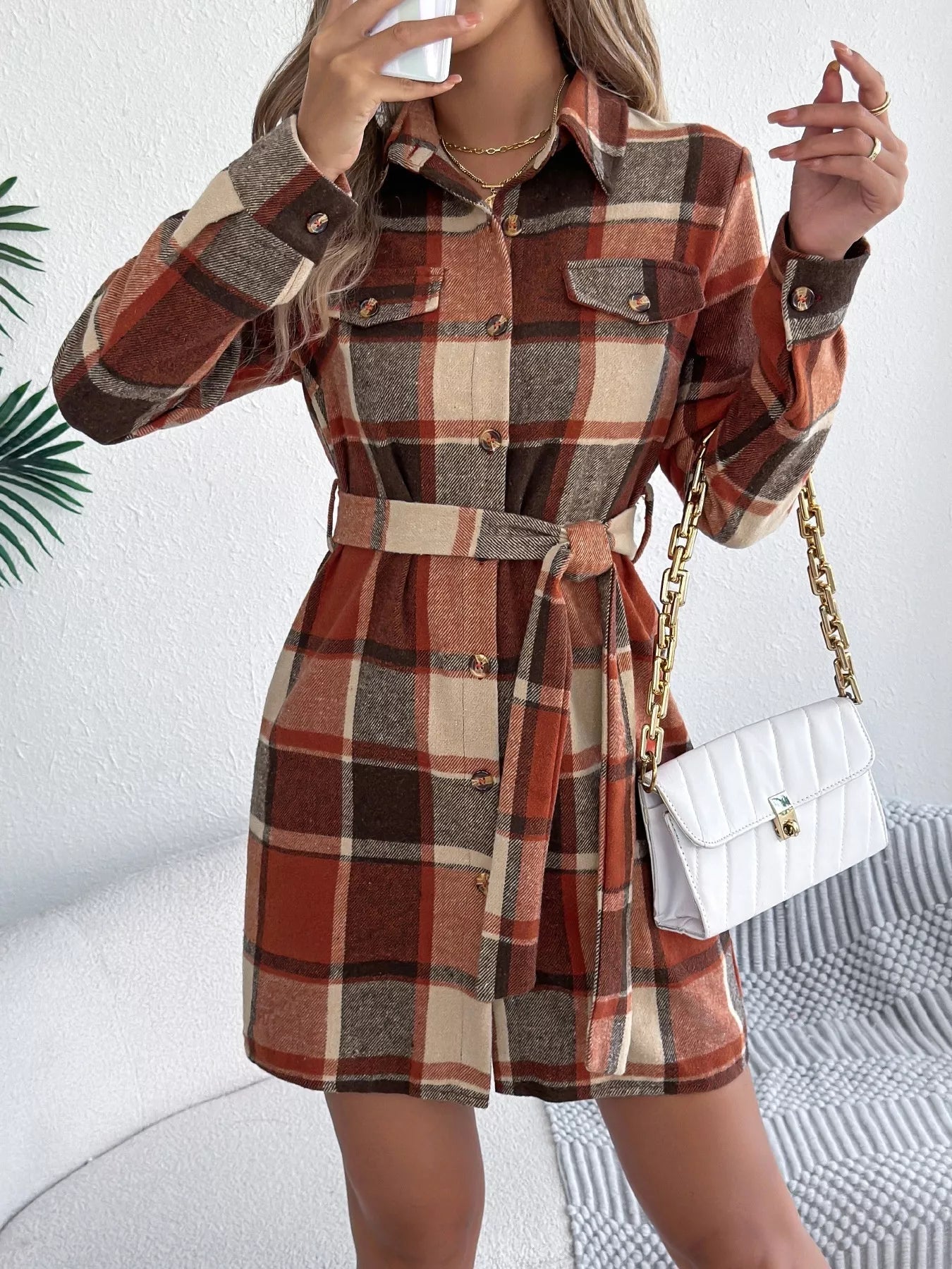 Crowned Energy CO. Green / S Trendsi Dresses Plaid Button Front Tie Waist Shirt Dress