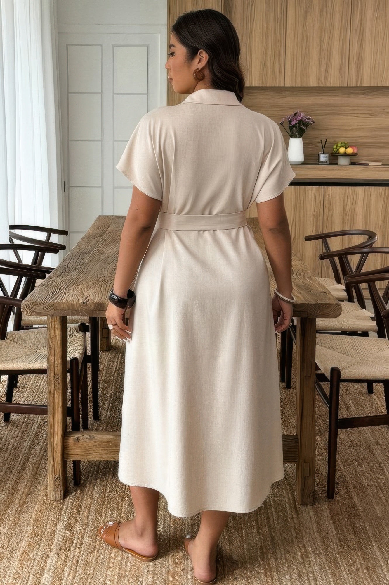 Crowned Energy CO. Beige / 0xl CCWHOLESALECLOTHING Dresses/Maxi Dresses Plus Solid Button Down Straight Belted Shirt Dress