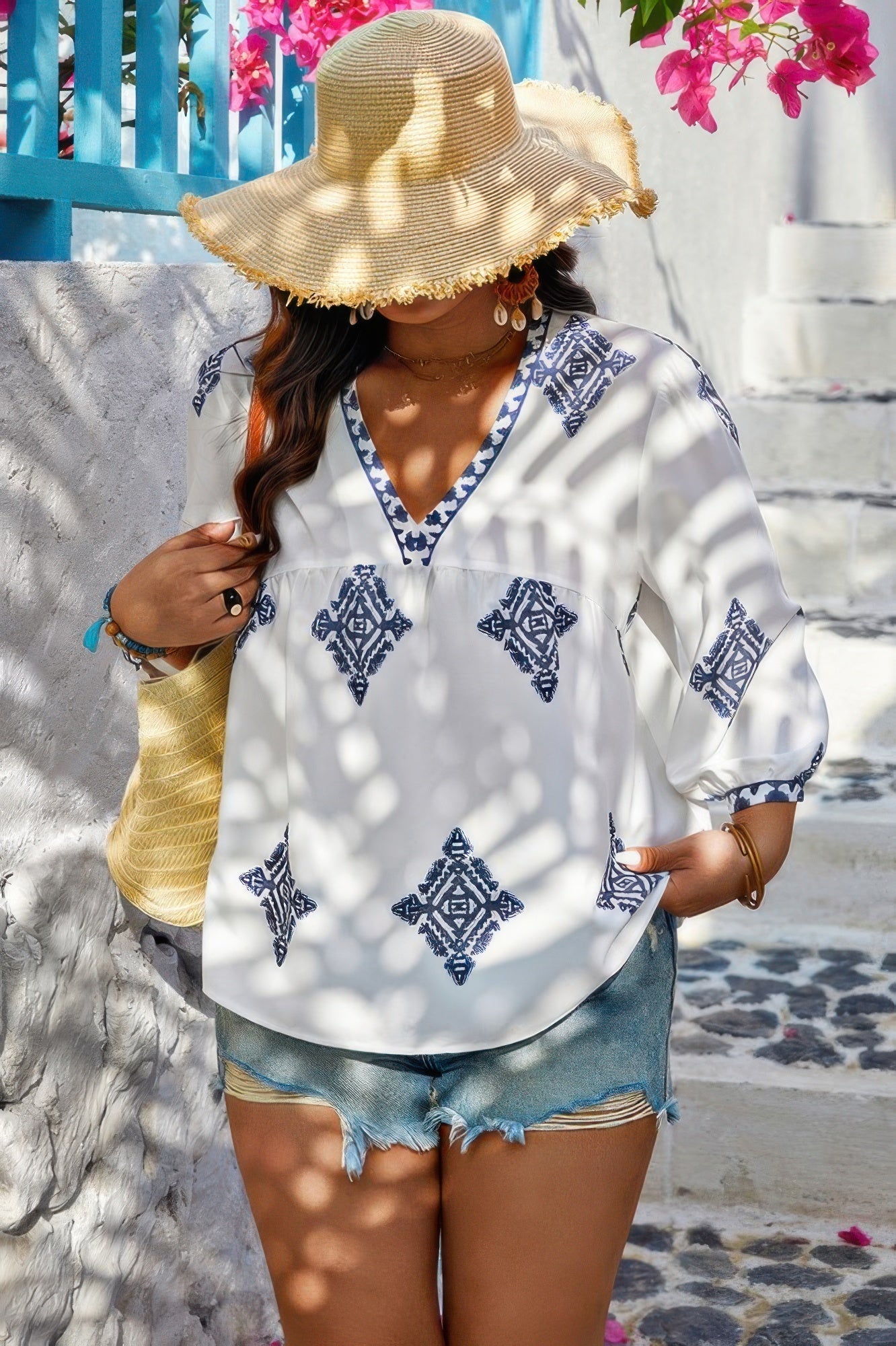 Crowned Energy CO. Black / 0xl CCWHOLESALECLOTHING Shirt Plus V Neck Geometric Printed Embroidered Peplum Shirt