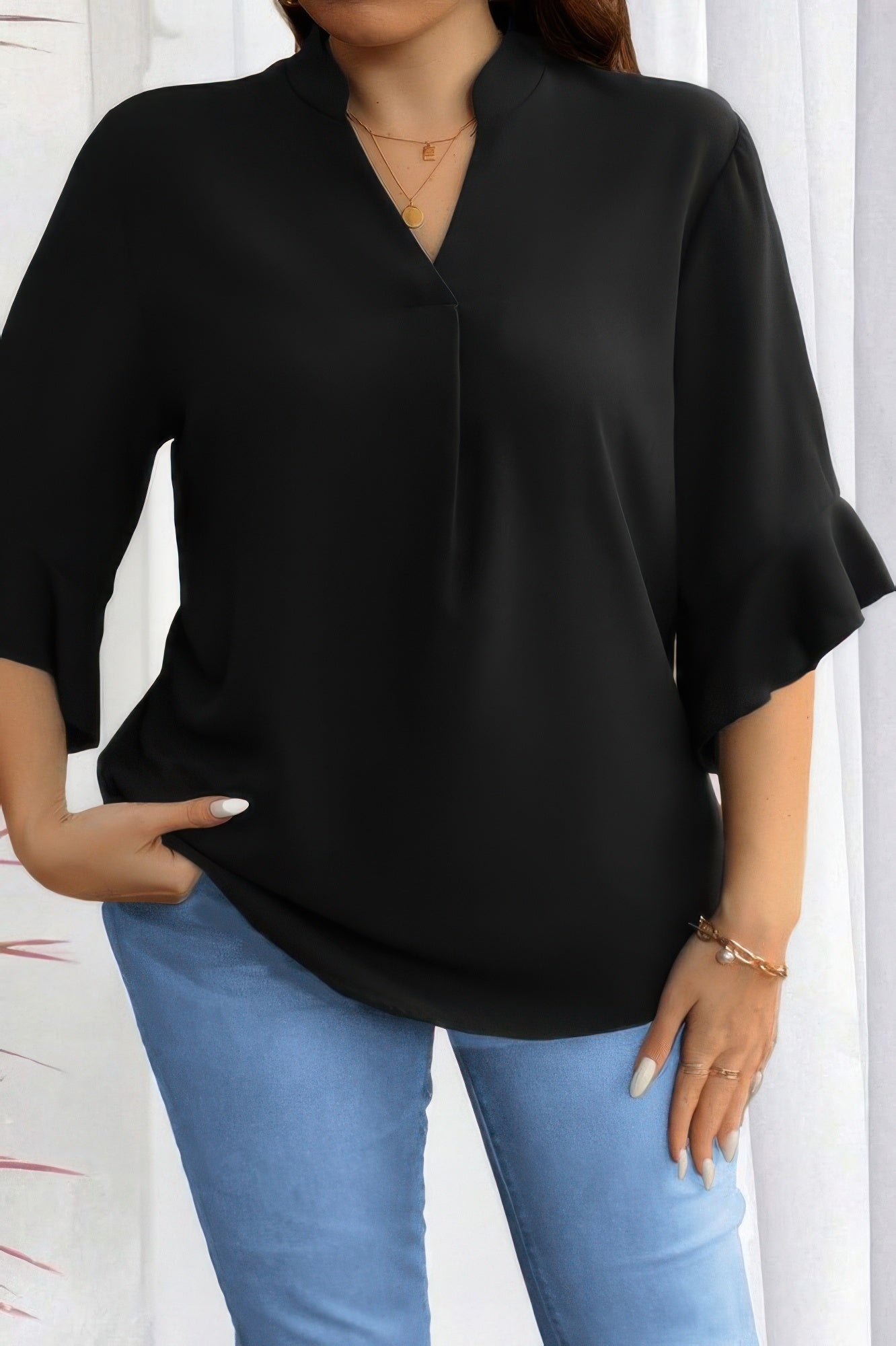 Crowned Energy CO. Black / XL CCWHOLESALECLOTHING Plus Size/Plus Size Tops/Plus Size Blouses & Shirts Plus V Neck Ruffle Half Sleeves Loose Blouse