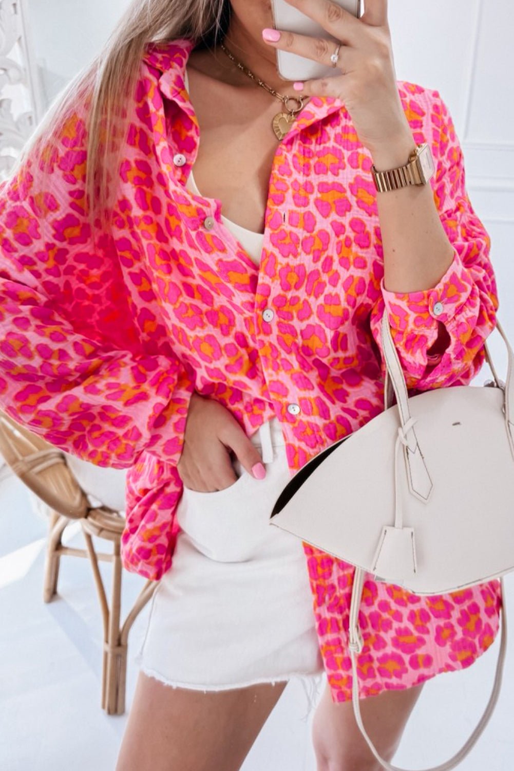 Crowned Energy CO. Rose / S / 100%Cotton Dear-Lover Dropshipping Tops/Blouses & Shirts Rose Leopard Printed Button Up Loose Shirt