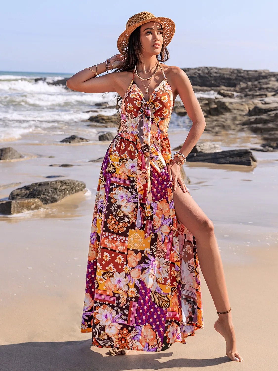 Crowned Energy CO. Multicolor / S Trendsi Dresses Slit Printed Halter Neck Cami Dress