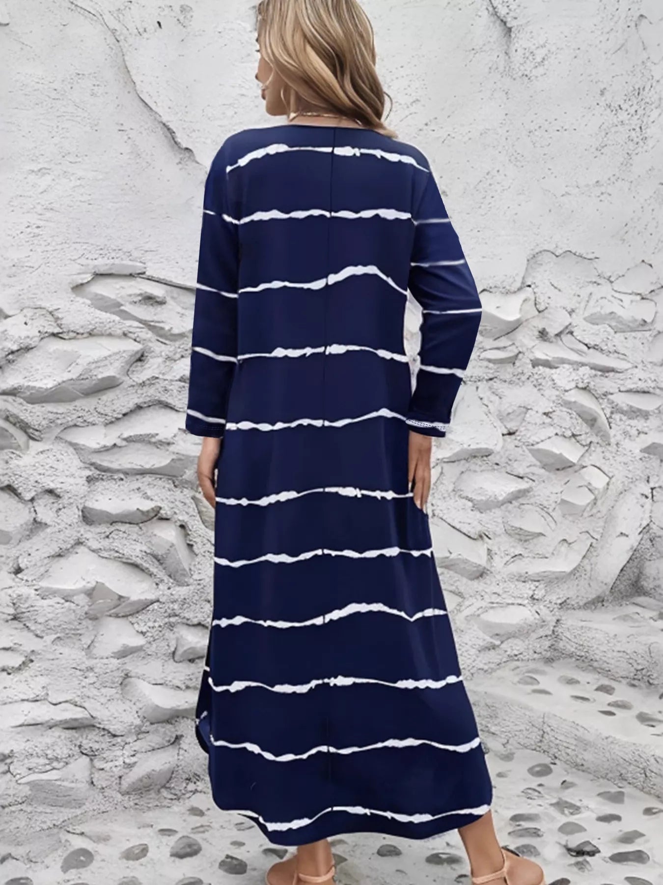 Crowned Energy CO. Navy / S Trendsi Dresses Striped V-Neck Long Sleeve Dress