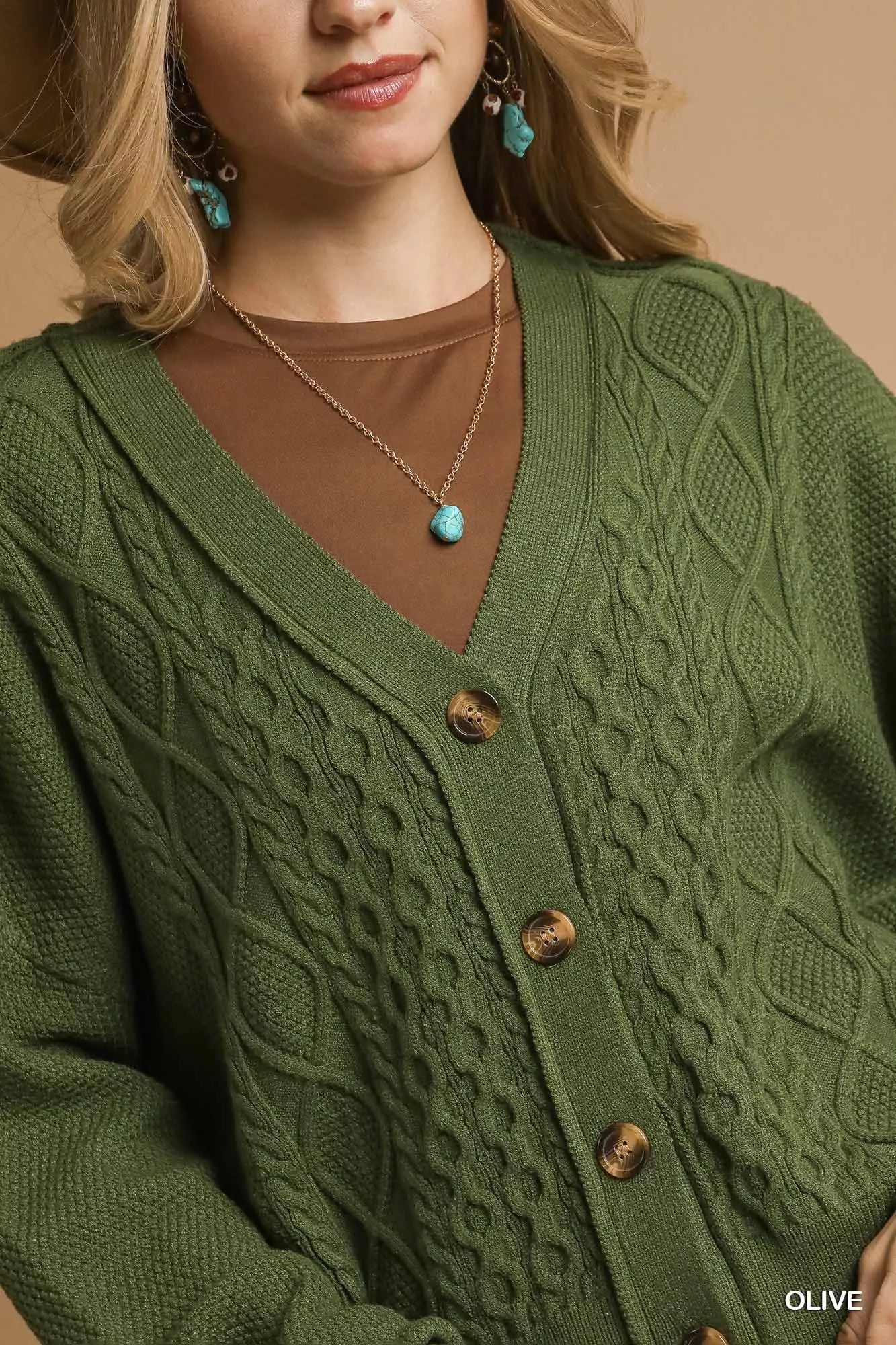Crowned Energy CO. Olive / S Trendsi Sweaters & Cardigans/Cardigans Umgee Chunky Cable Knit V-Neck Button-Up Cardigan