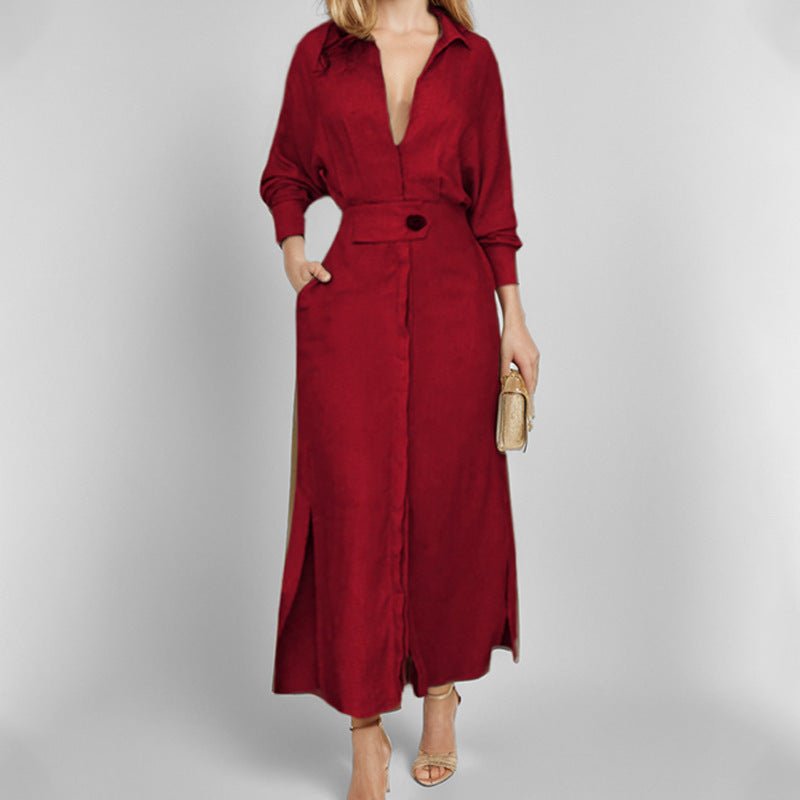 Crowned Energy CO. Wine red / 2XL Goddess Vibes Dresses Women's Elegant Tied Solid Color Waisted Long-sleeved Shirt Dress