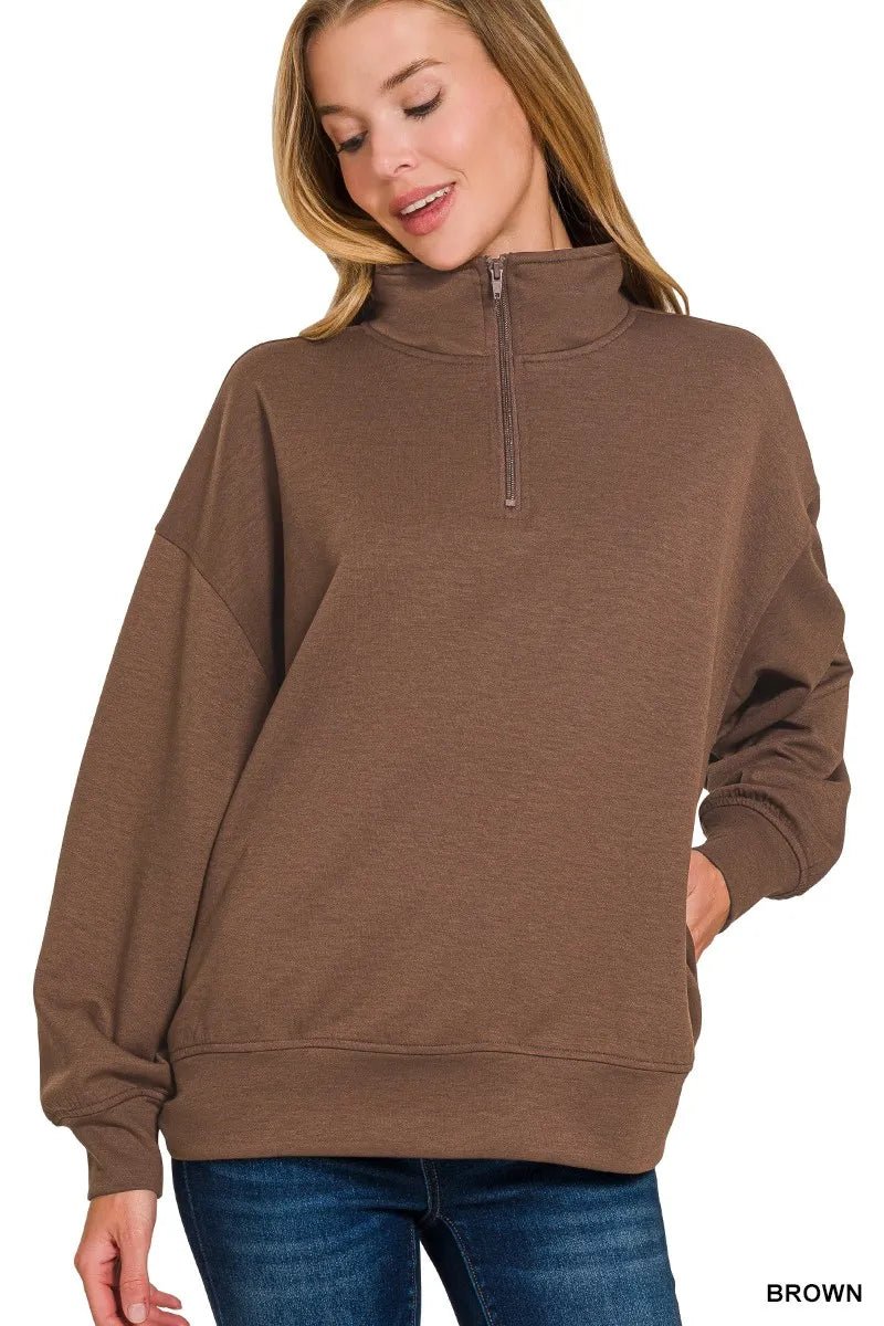 Crowned Energy CO. BROWN / S Trendsi Sweaters & Cardigans/Cardigans Zenana Scuba Quarter-Zip Sweatshirt