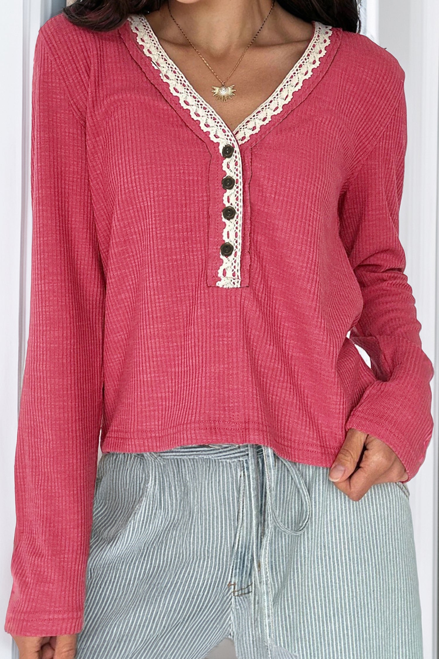 Racing Red Ribbed Texture Contrasted Lace Trim Button V Neck Long Sleeve Top