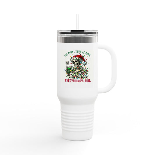 40oz Insulated Travel Mug — 'I'm Fine, This Is Fine' Holiday Skeleton Design - Crowned Energy CO.