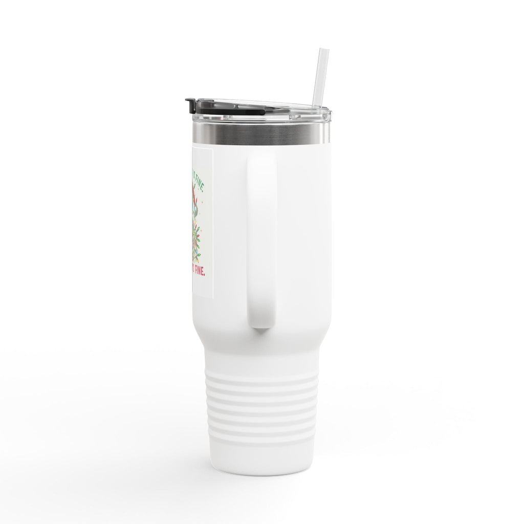 40oz Insulated Travel Mug — 'I'm Fine, This Is Fine' Holiday Skeleton Design - Crowned Energy CO.