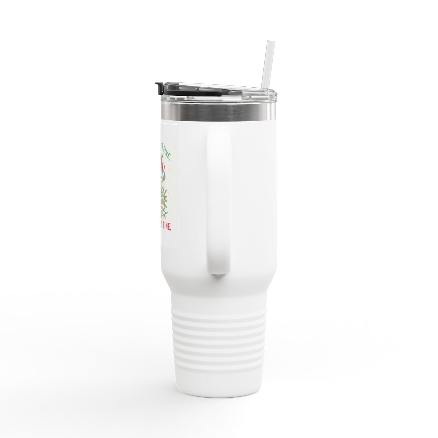 40oz Insulated Travel Mug — 'I'm Fine, This Is Fine' Holiday Skeleton Design - Crowned Energy CO.