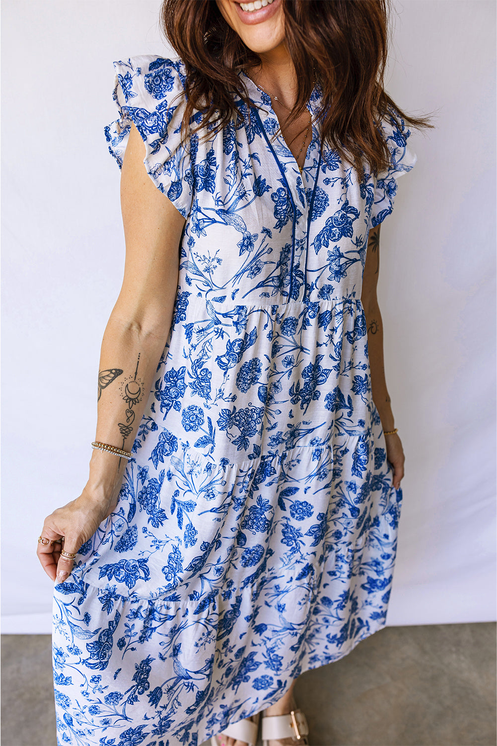 Blue Ruffled Short Sleeve Tiered Floral Midi Dress