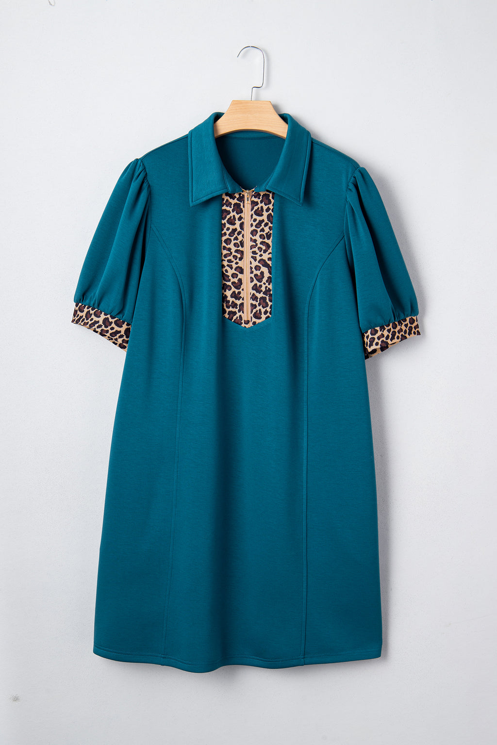 Sea Green Leopard Patchwork Detail Quarter Zip Collared Plus Size Mini Dress