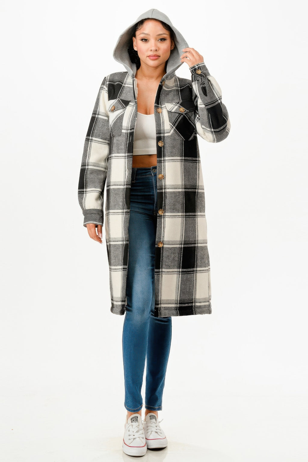 Crowned Energy CO. S GLANCE APPAREL COAT & JACKETS Hooded Plaid Coat