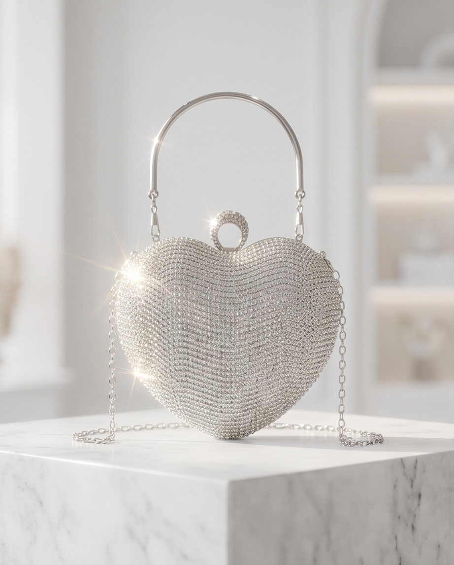 Heart-Shaped Rhinestone Evening Clutch Bag