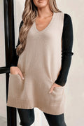 Jet Stream Ribbed Deep V Neckline Front Pocketed Loose Tunic Sweater Vest