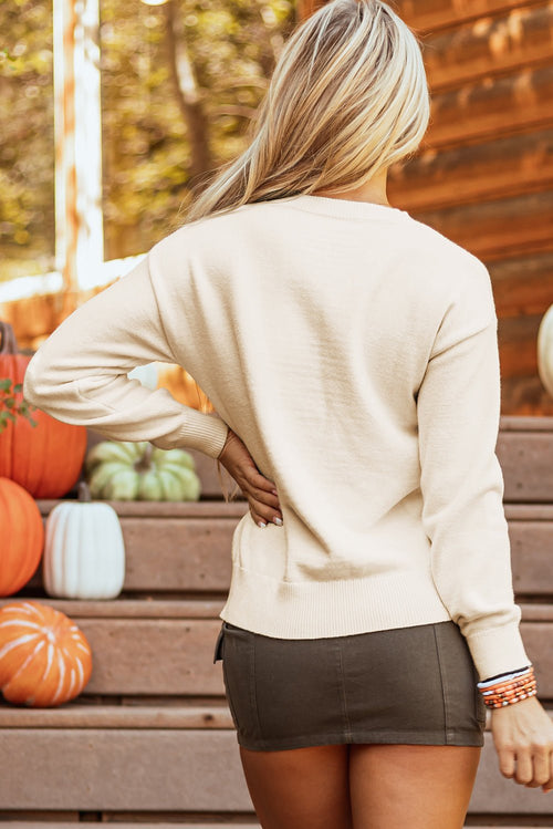 Apricot Boo Knitted Pattern Ribbed Edge Drop Shoulder Sweater - Crowned Energy CO.