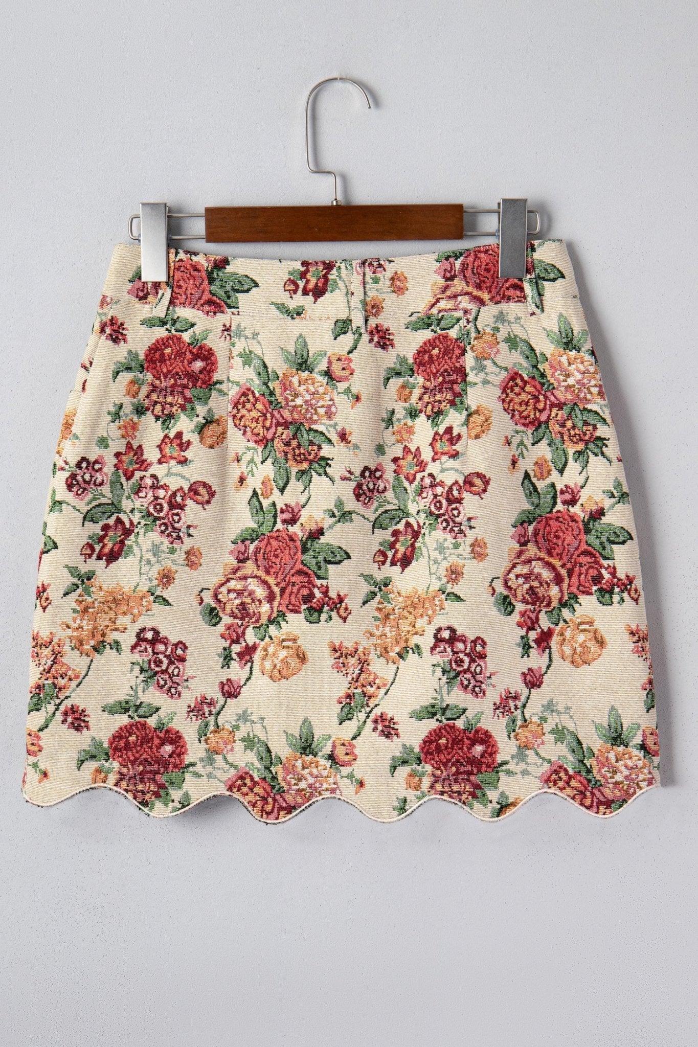 Apricot Buttoned Front Scalloped Trim Mini Jacquard Floral Skirt - Crowned Energy CO.