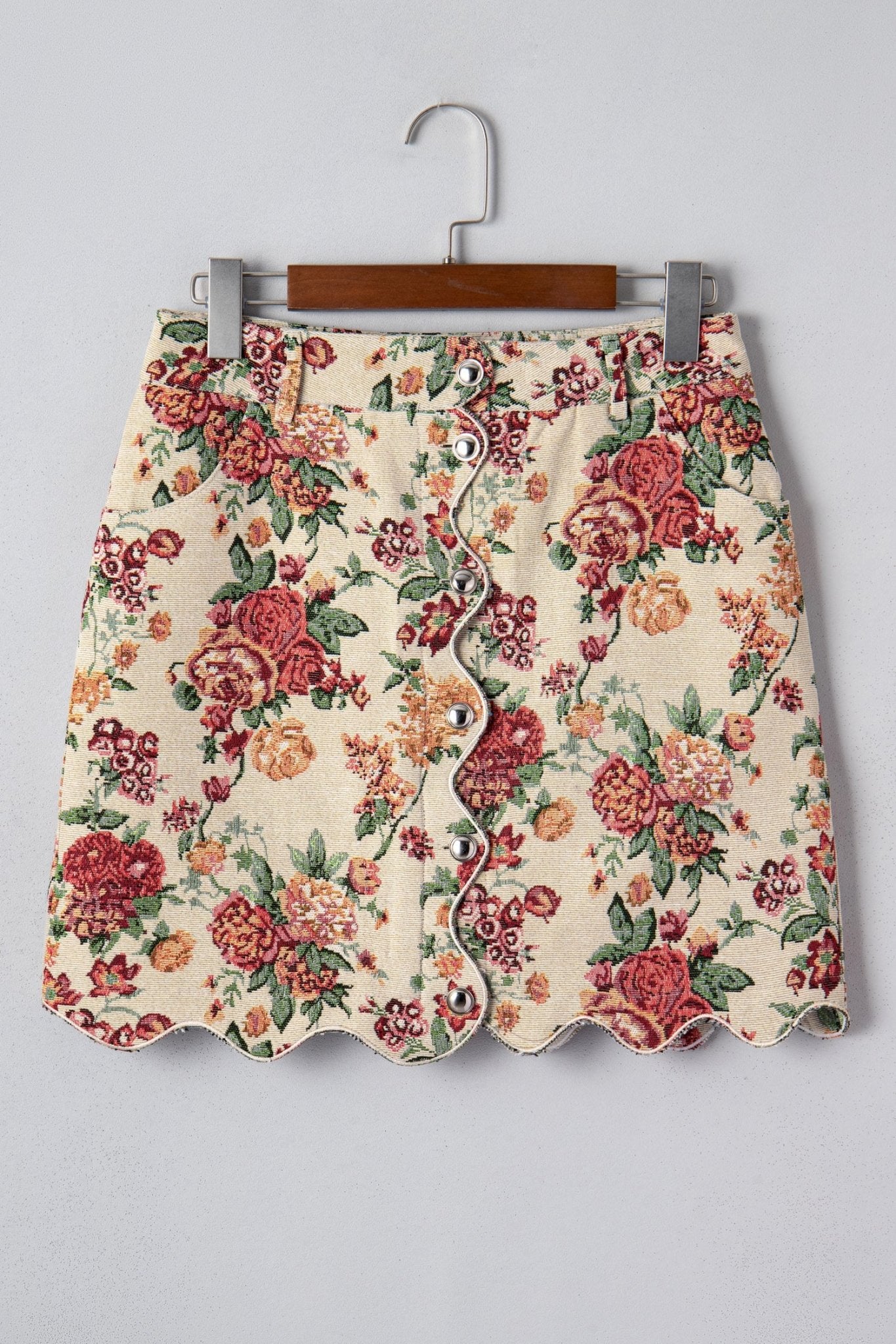Apricot Buttoned Front Scalloped Trim Mini Jacquard Floral Skirt - Crowned Energy CO.