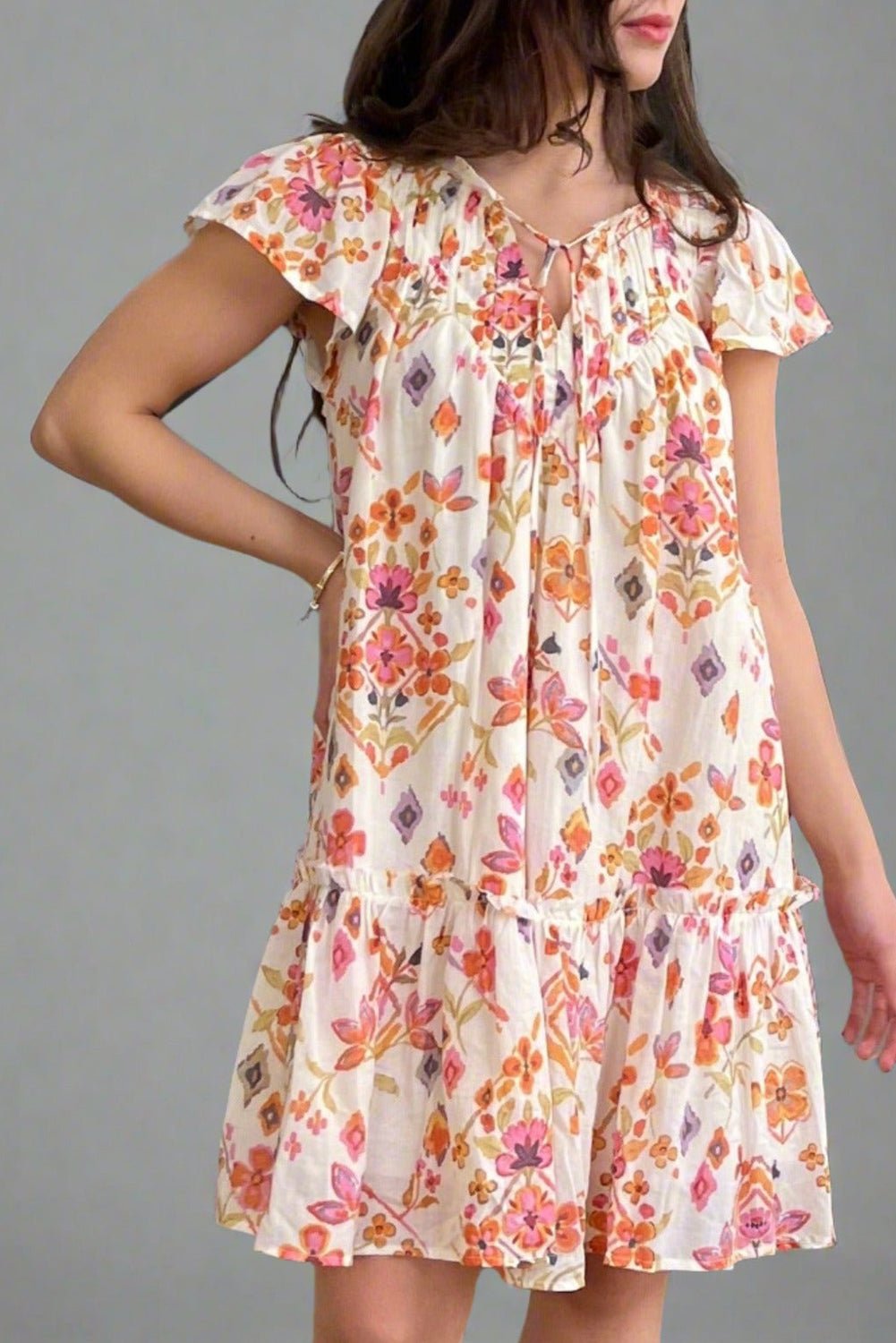 Apricot Floral Geometric Print Ruffled Trim Flutter Sleeve Mini Dress - Crowned Energy CO.