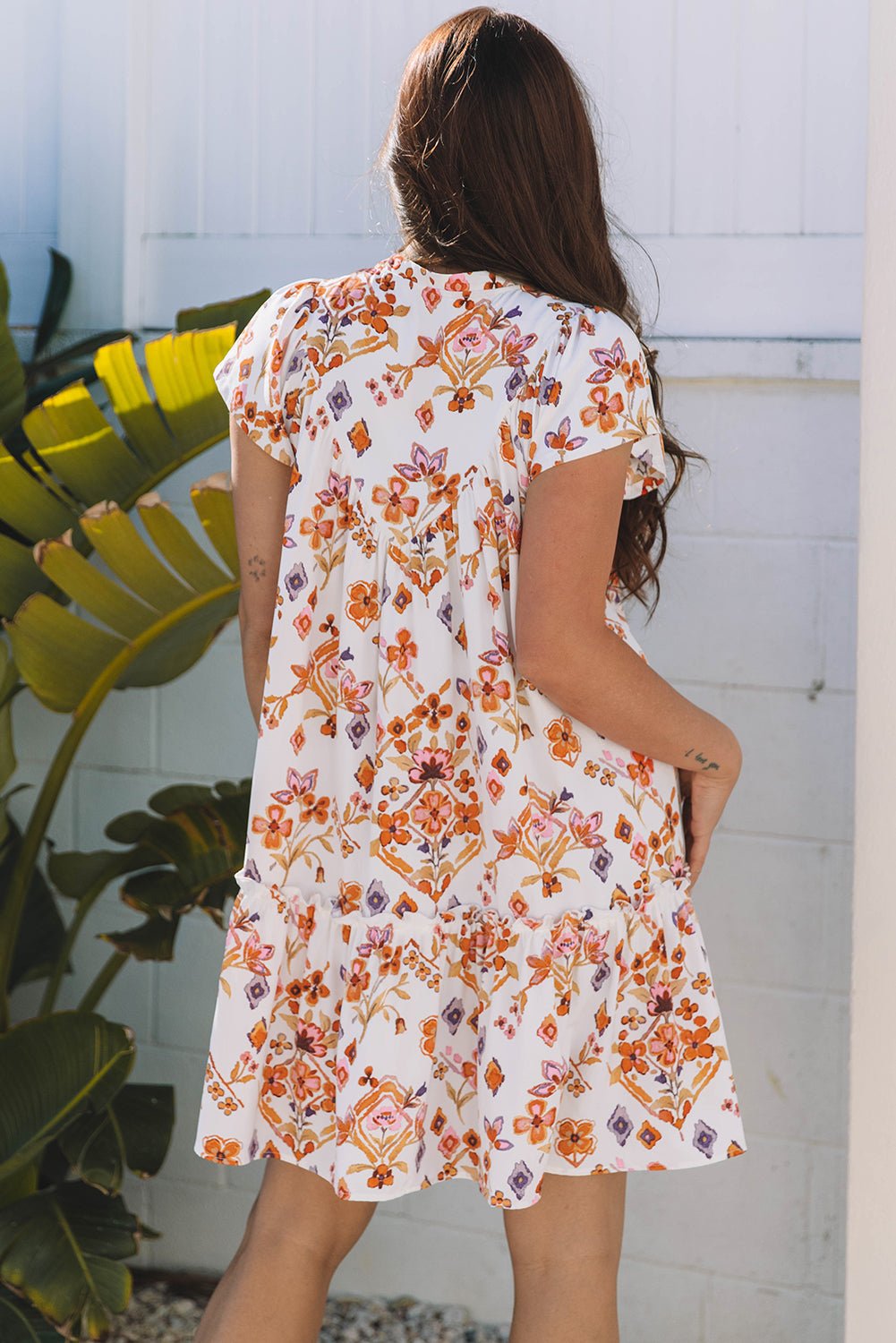 Apricot Floral Geometric Print Ruffled Trim Flutter Sleeve Mini Dress - Crowned Energy CO.
