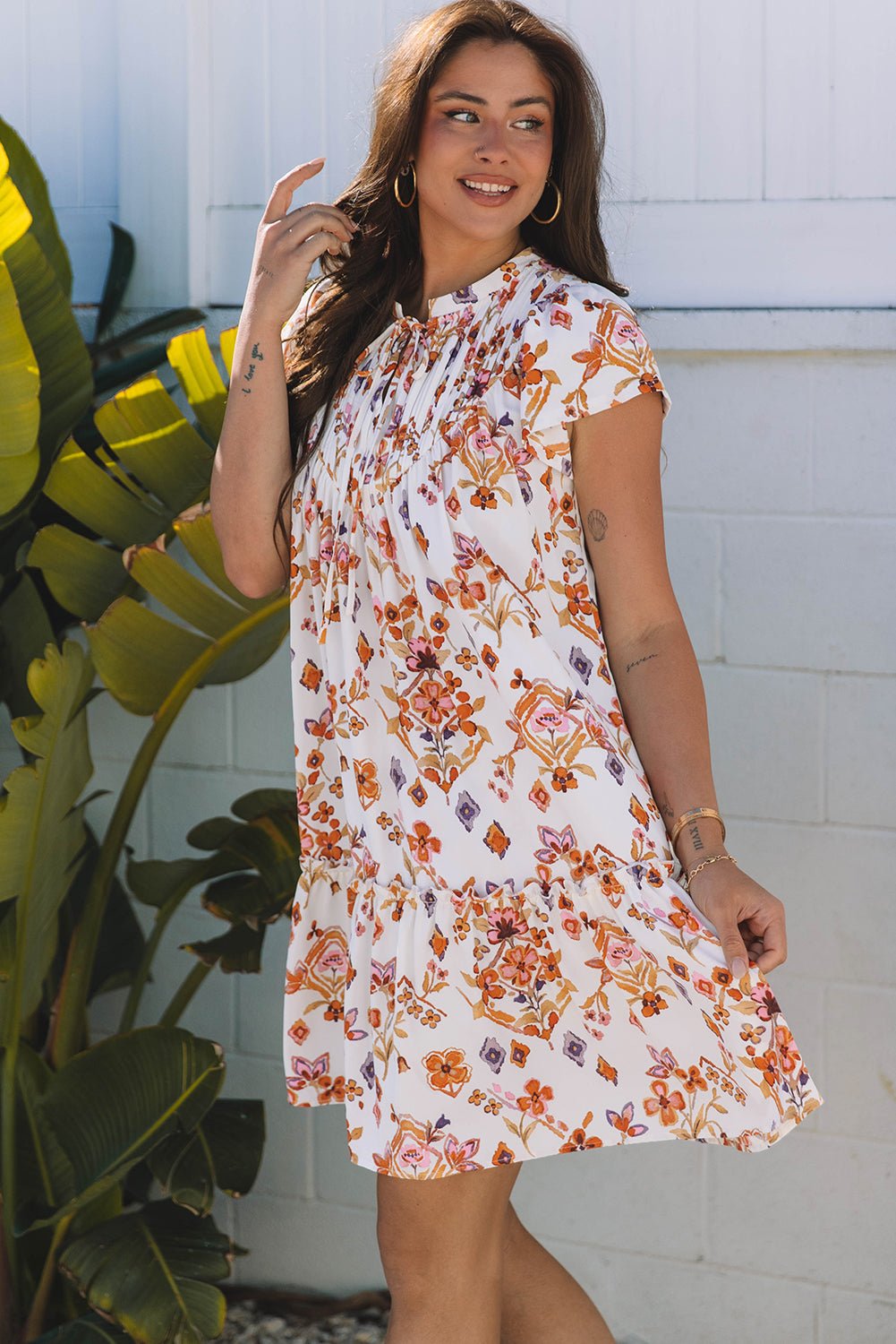 Apricot Floral Geometric Print Ruffled Trim Flutter Sleeve Mini Dress - Crowned Energy CO.