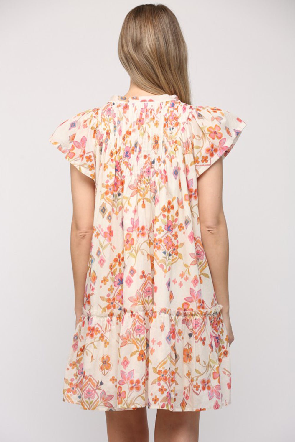 Apricot Floral Geometric Print Ruffled Trim Flutter Sleeve Mini Dress - Crowned Energy CO.