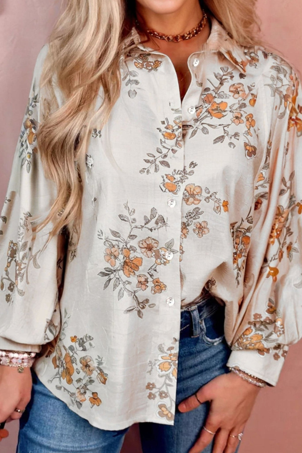 Apricot Floral Printed Silky Button Up Long Sleeve Shirt - Crowned Energy CO.