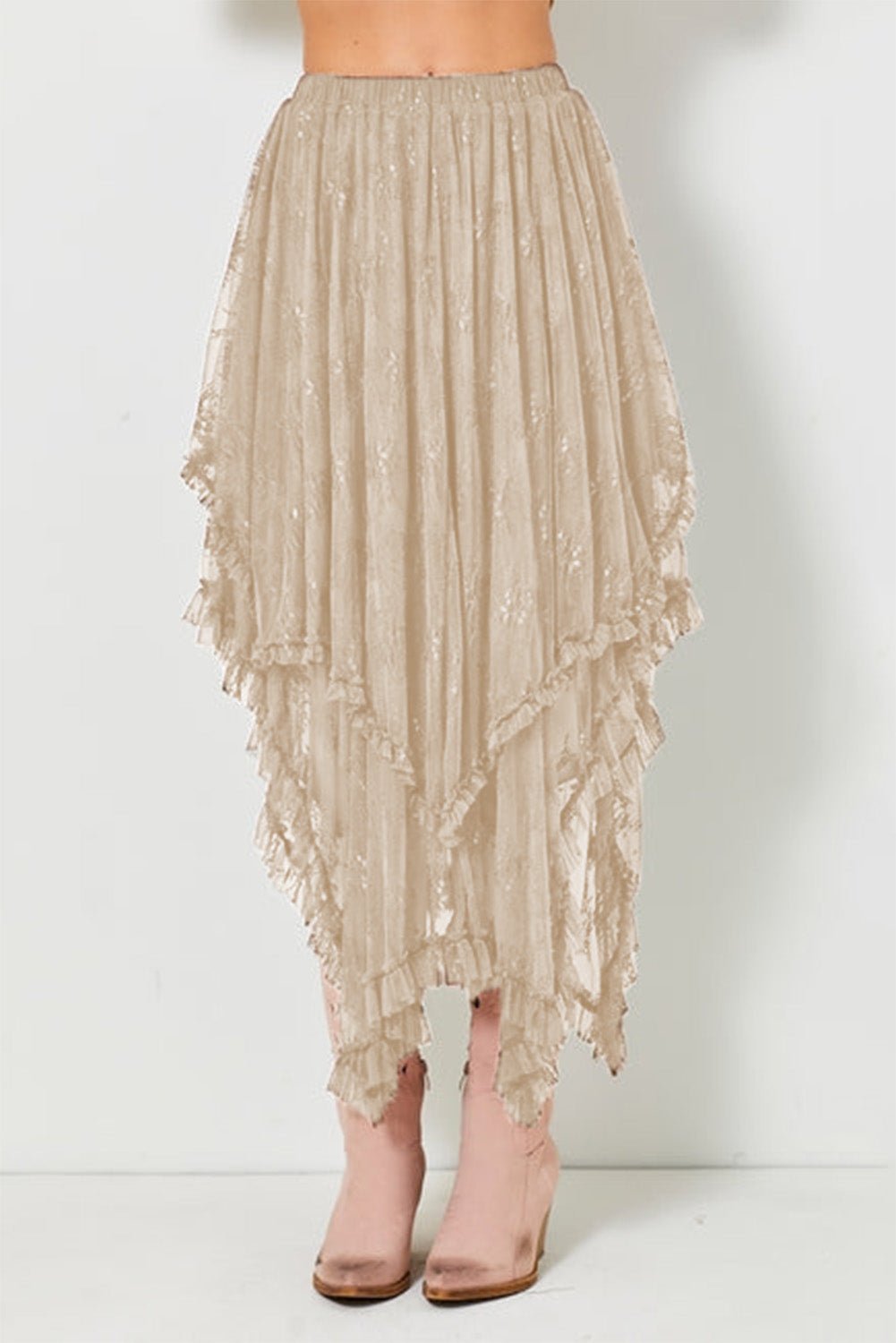 Apricot Lace Cascading Tiered High Waist Maxi Skirt - Crowned Energy CO.