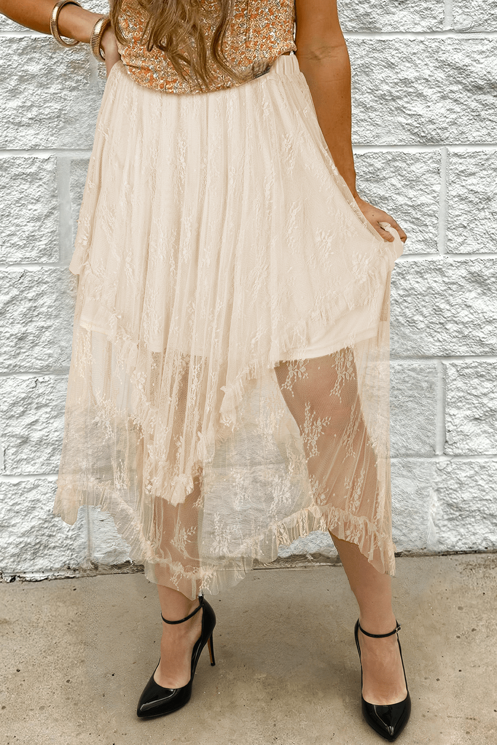 Apricot Lace Cascading Tiered High Waist Maxi Skirt - Crowned Energy CO.