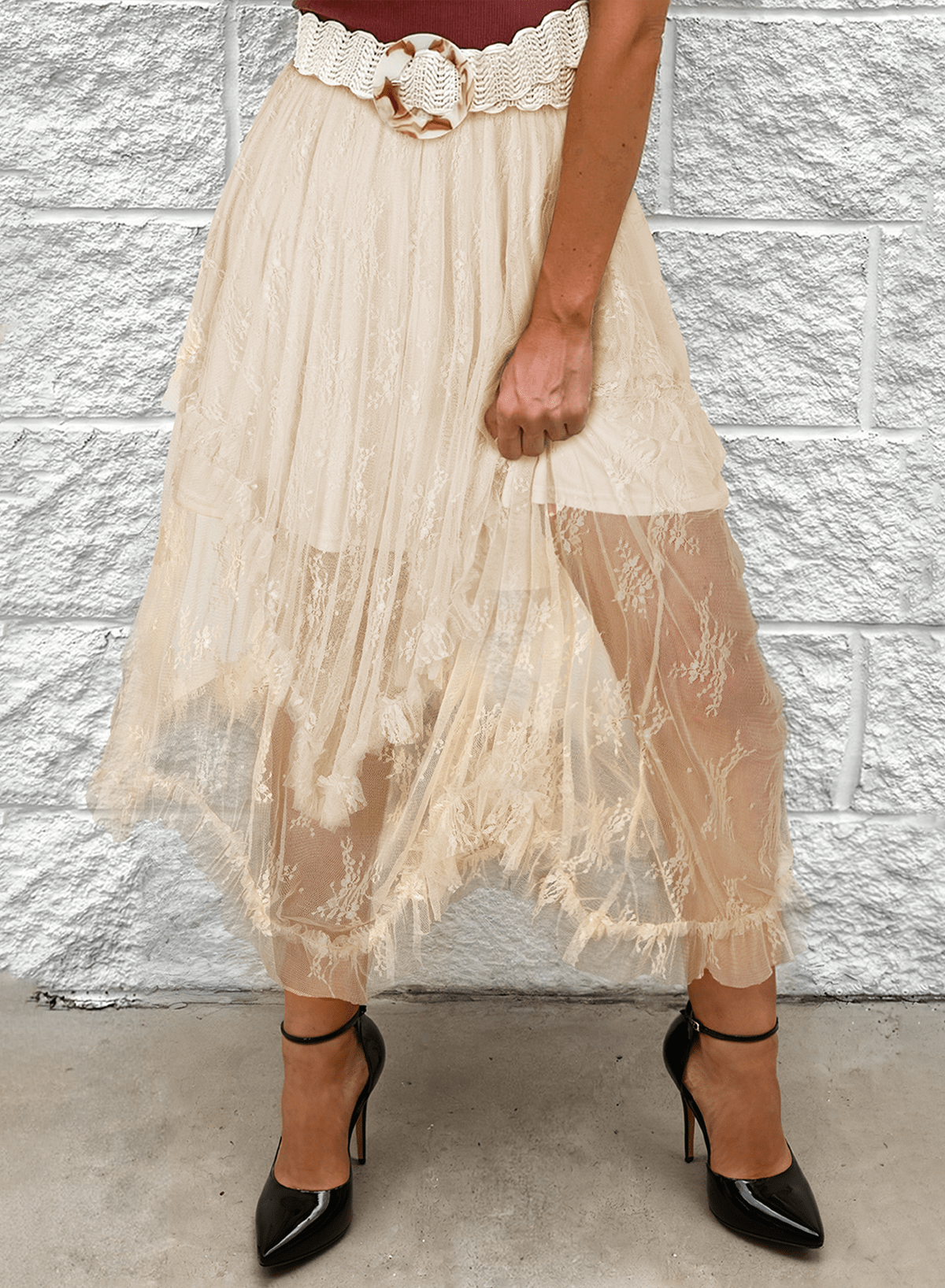 Apricot Lace Cascading Tiered High Waist Maxi Skirt - Crowned Energy CO.