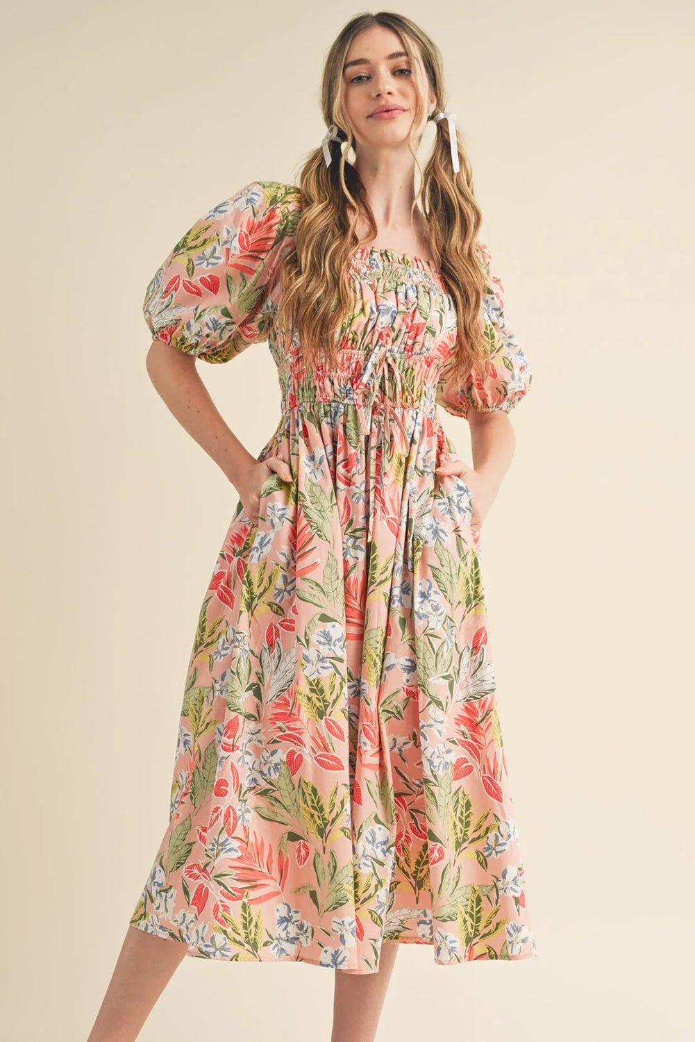 Apricot Pink Floral Smocked Bust Bubble Short Sleeve Maxi Dress - Crowned Energy CO.