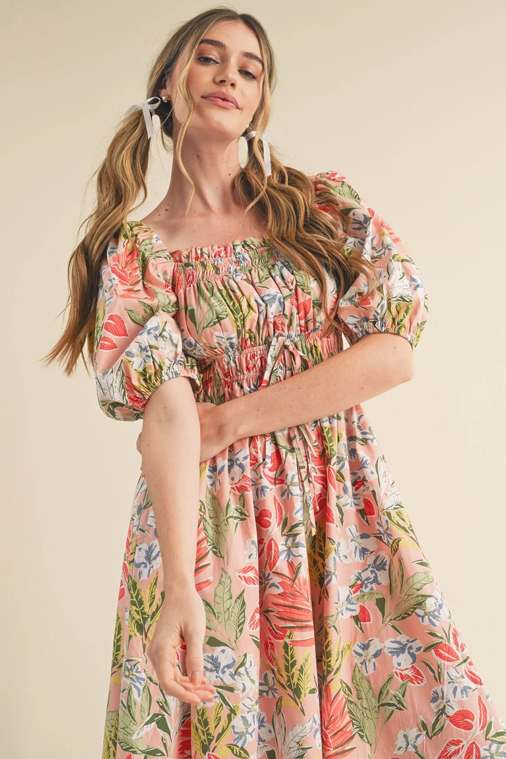 Apricot Pink Floral Smocked Bust Bubble Short Sleeve Maxi Dress - Crowned Energy CO.