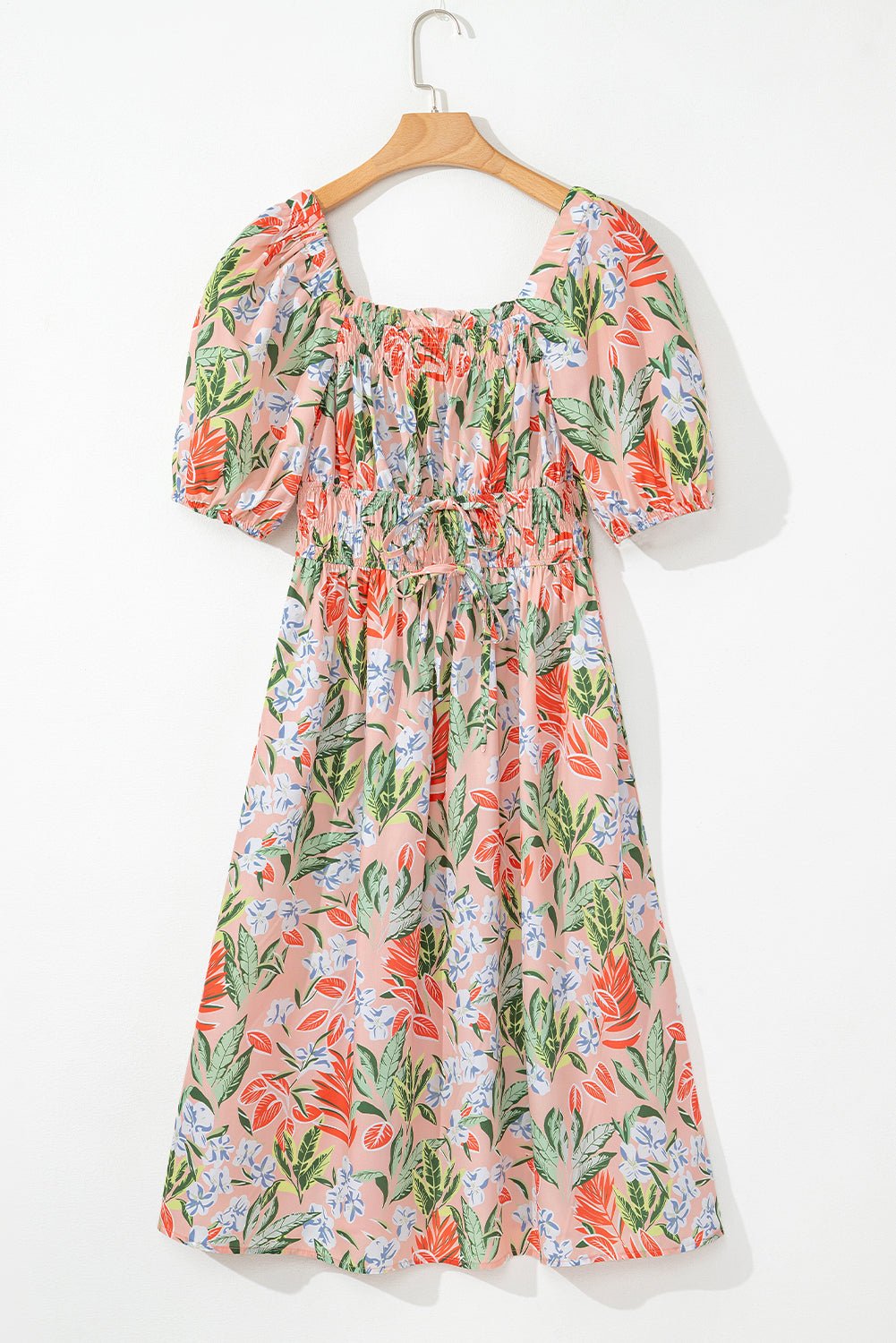 Apricot Pink Floral Smocked Bust Bubble Short Sleeve Maxi Dress - Crowned Energy CO.