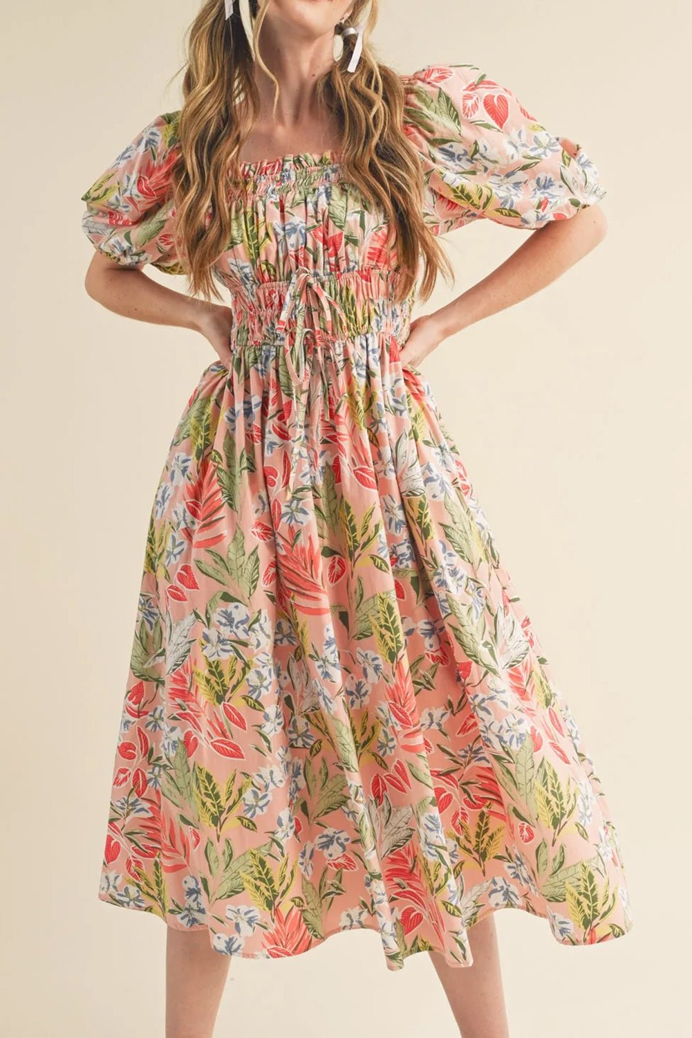 Apricot Pink Floral Smocked Bust Bubble Short Sleeve Maxi Dress - Crowned Energy CO.