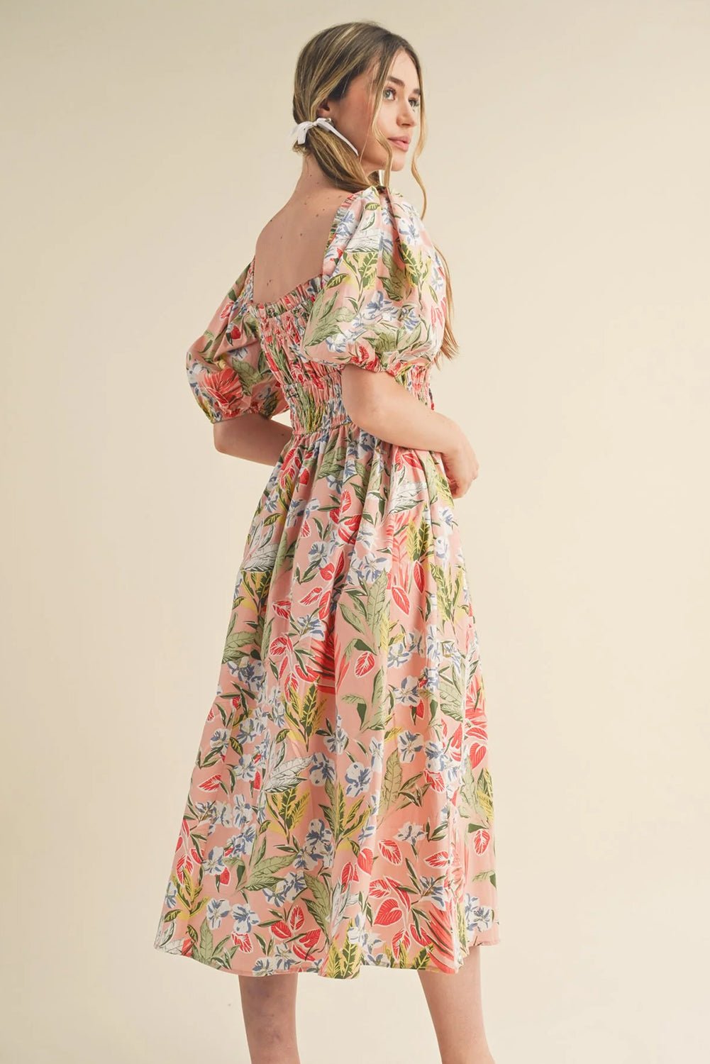Apricot Pink Floral Smocked Bust Bubble Short Sleeve Maxi Dress - Crowned Energy CO.