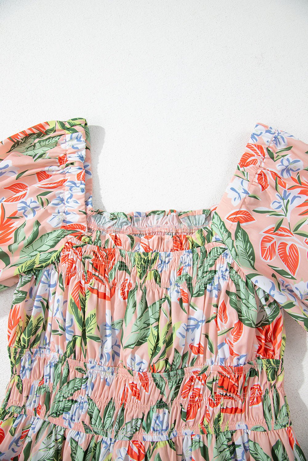 Apricot Pink Floral Smocked Bust Bubble Short Sleeve Maxi Dress - Crowned Energy CO.