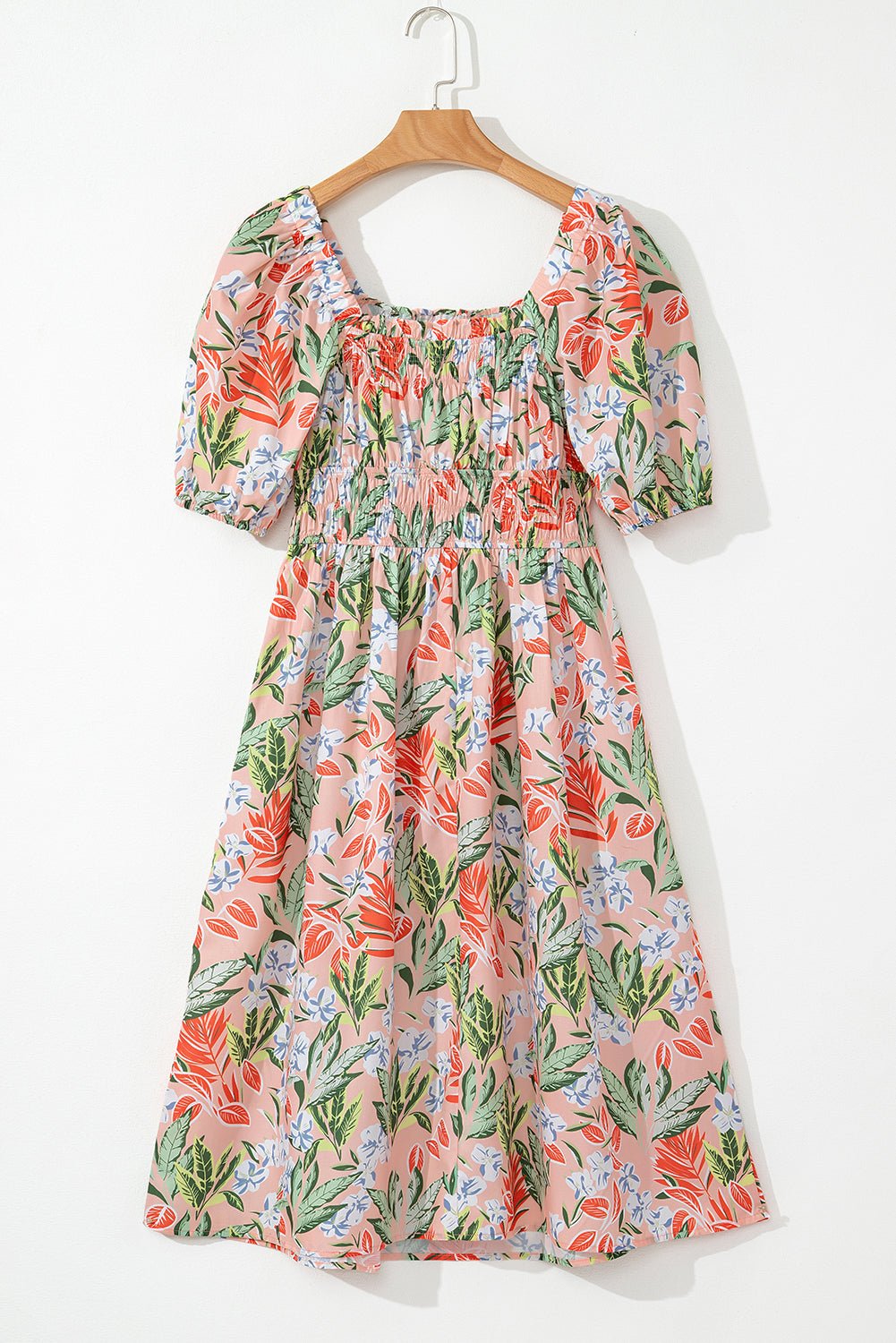 Apricot Pink Floral Smocked Bust Bubble Short Sleeve Maxi Dress - Crowned Energy CO.