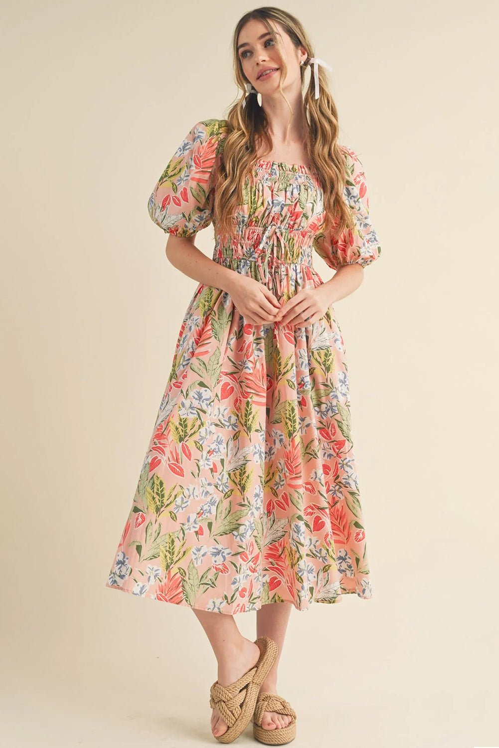 Apricot Pink Floral Smocked Bust Bubble Short Sleeve Maxi Dress - Crowned Energy CO.